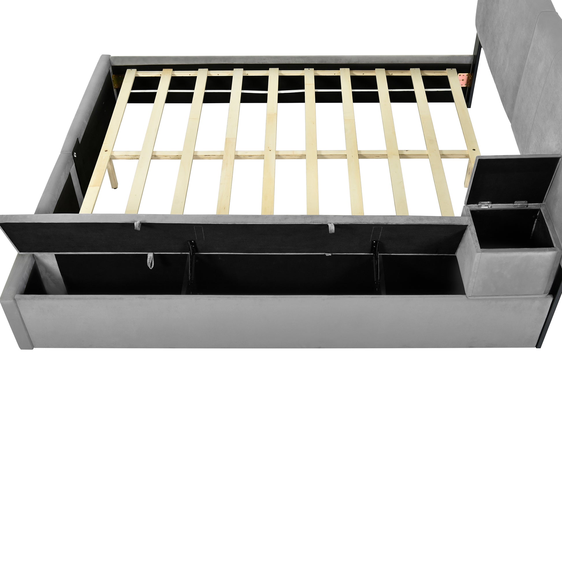 Queen Size Upholstered Platform Bed With Lateral Storage Compartments And Thick Fabric, Velvet, Gray Gray Velvet