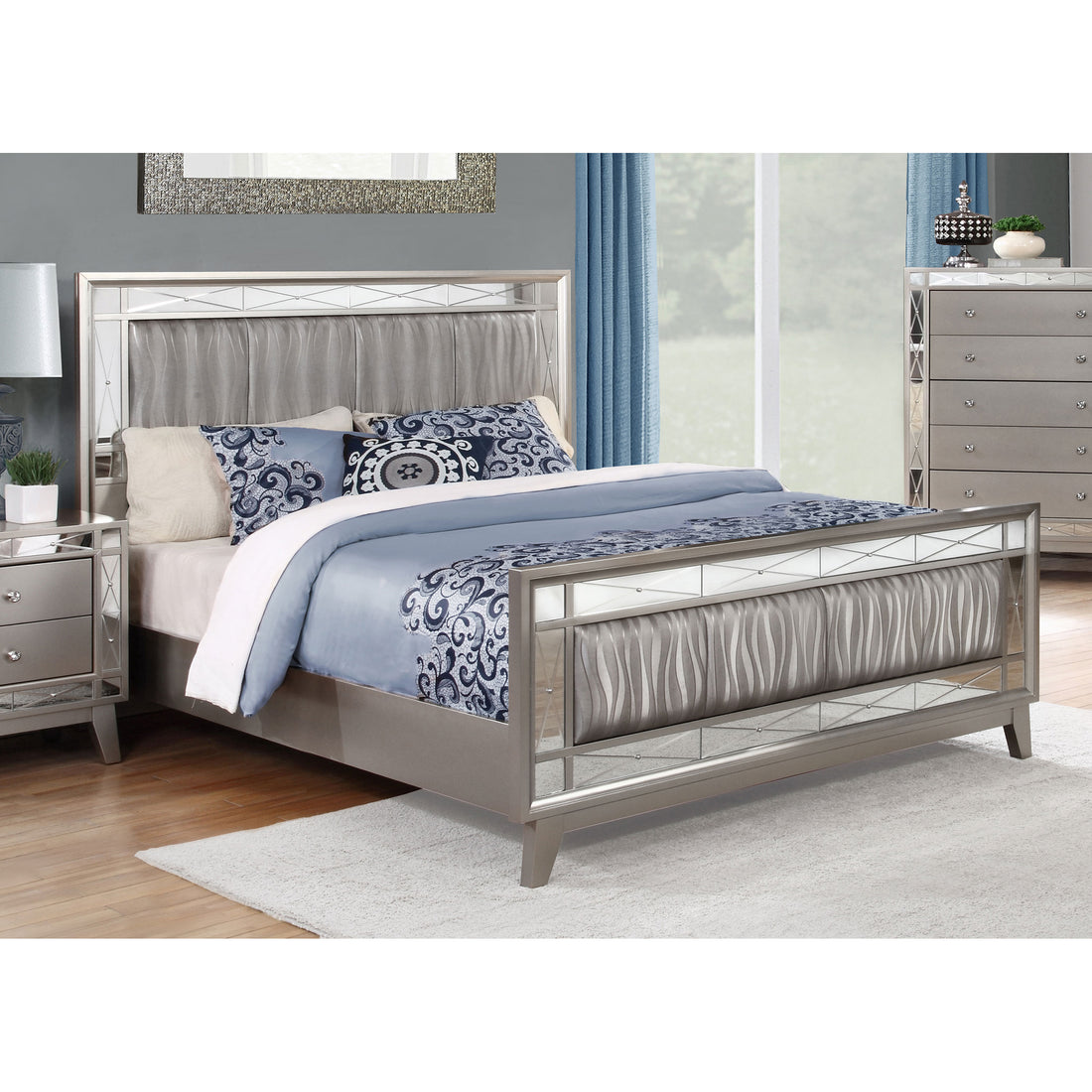 Metallic Queen Mercury Bed Queen Silver Wood Bedroom Contemporary,Modern Poplar Panel Faux Leather Wood