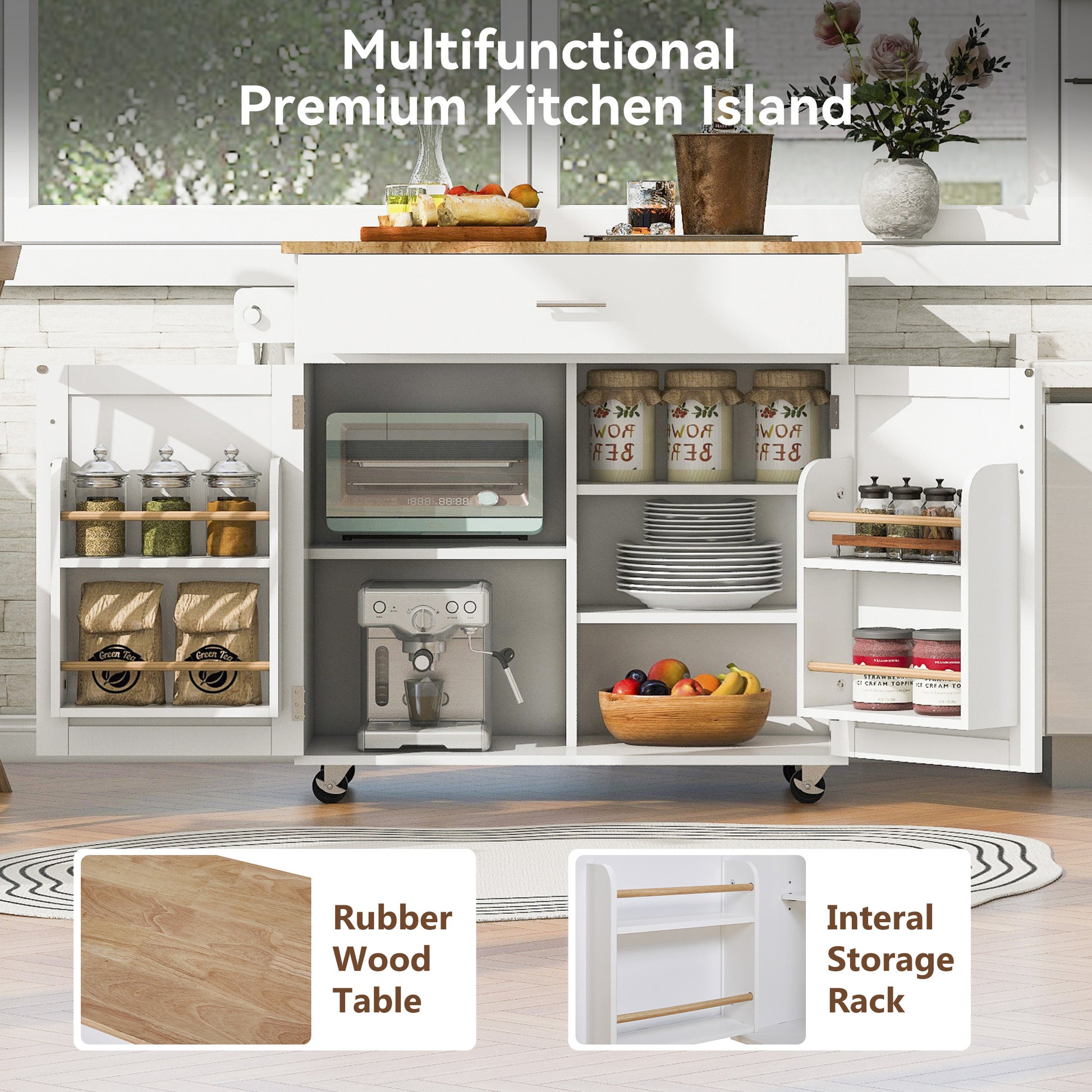 K&K Rolling Kitchen Island With Storage, Kitchen Cart With Rubber Wood Top, Spacious Drawer With Divider And Internal Storage Rack, Kitchen Island On Wheels With Adjustable Shelf Tower Rack, White White Kitchen Classic,European,Modern Rectangular Kitchen