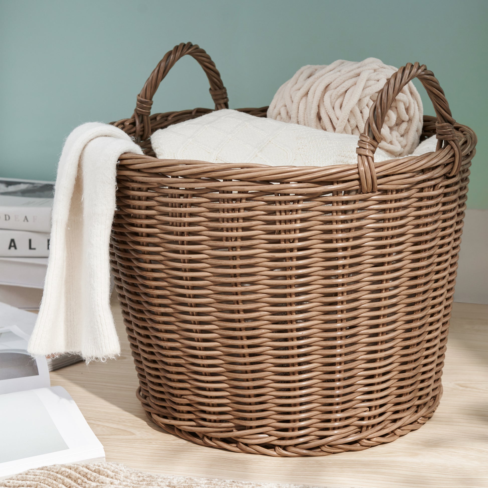 Joseph Round Cone Woven Resin Wicker Basket With Handles 16" X 16" X 14.5" Chocolate Brown For Clothes, Towels, Canvas, Toys, Magazine Storage And Home Decoration Walnut Brown Wicker Wicker