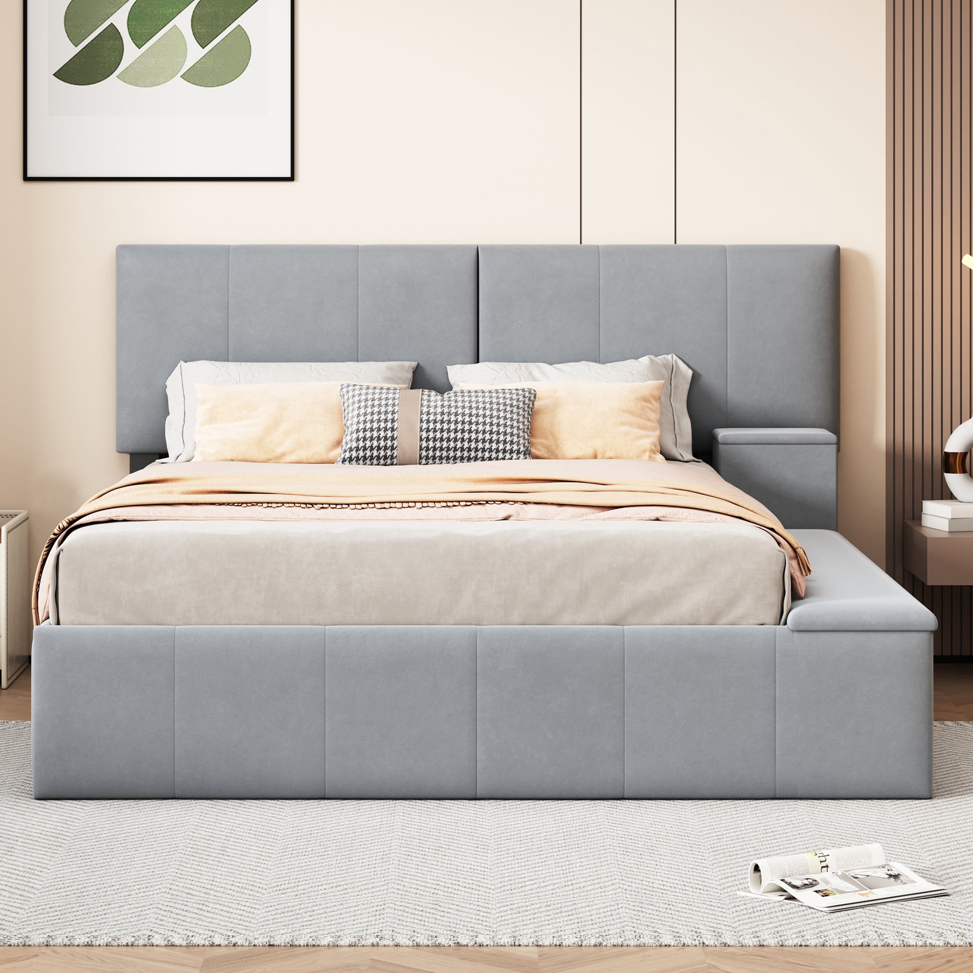 Queen Size Upholstered Platform Bed With Lateral Storage Compartments And Thick Fabric, Velvet, Gray Gray Velvet
