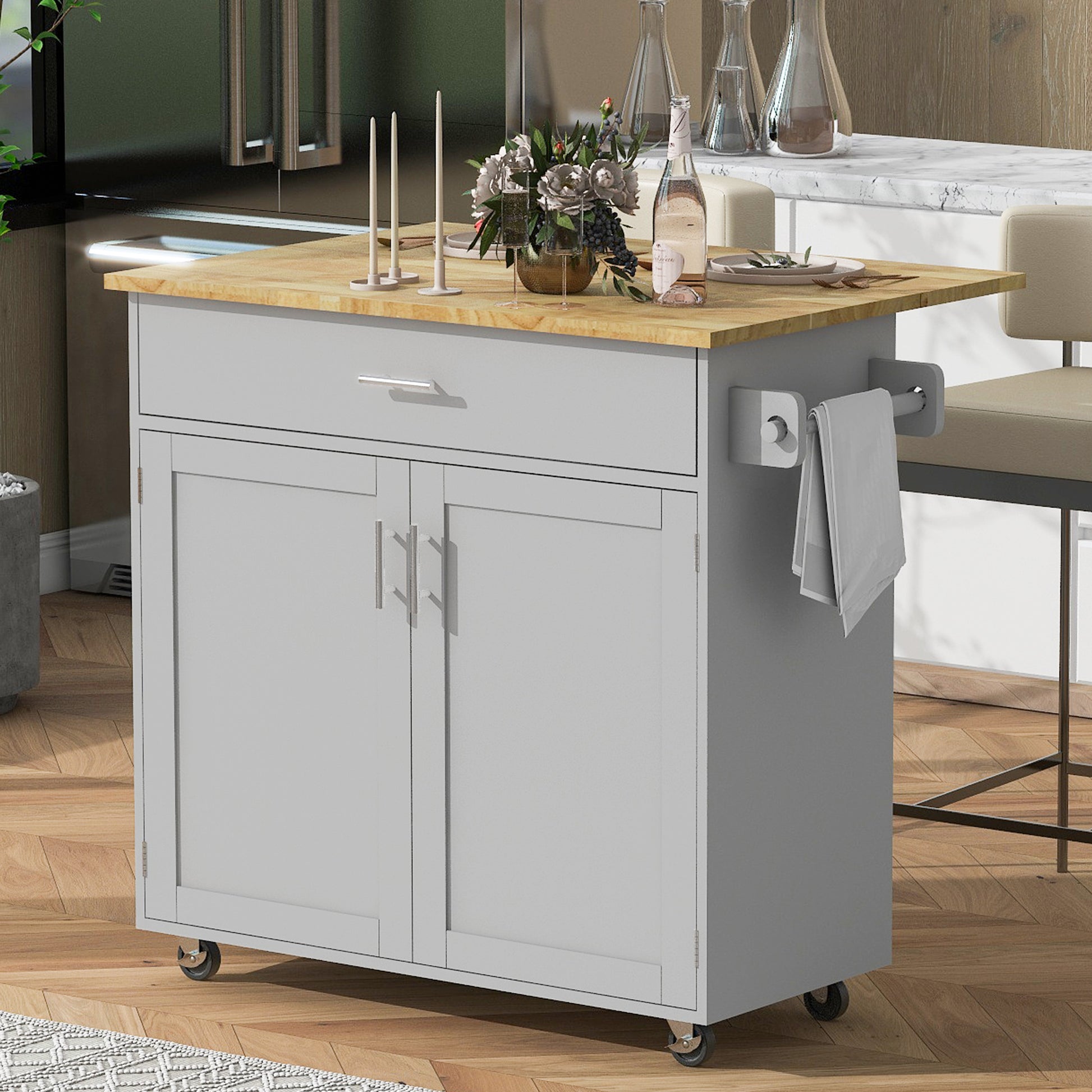 K&K Rolling Kitchen Island With Storage, Kitchen Cart With Rubber Wood Top, Spacious Drawer With Divider And Internal Storage Rack, Kitchen Island On Wheels With Adjustable Shelf Tower Rack, Grey Grey Kitchen Classic,European,Modern Rectangular Kitchen