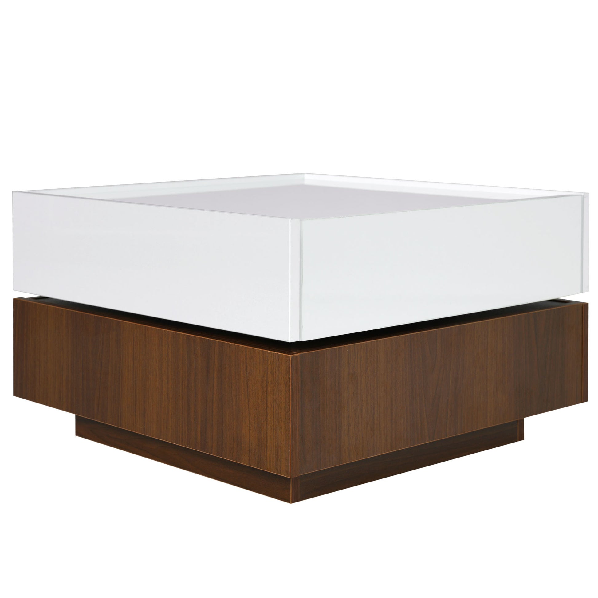 Square 360 Rotating Coffee Table With 2 Drawers, High Gloss 2 Tier Center Table With Swivel Tabletop And Storage, Walnut Table Frame Side Table For Living Room, White White Walnut Primary Living Space Glossy Square Particle Board