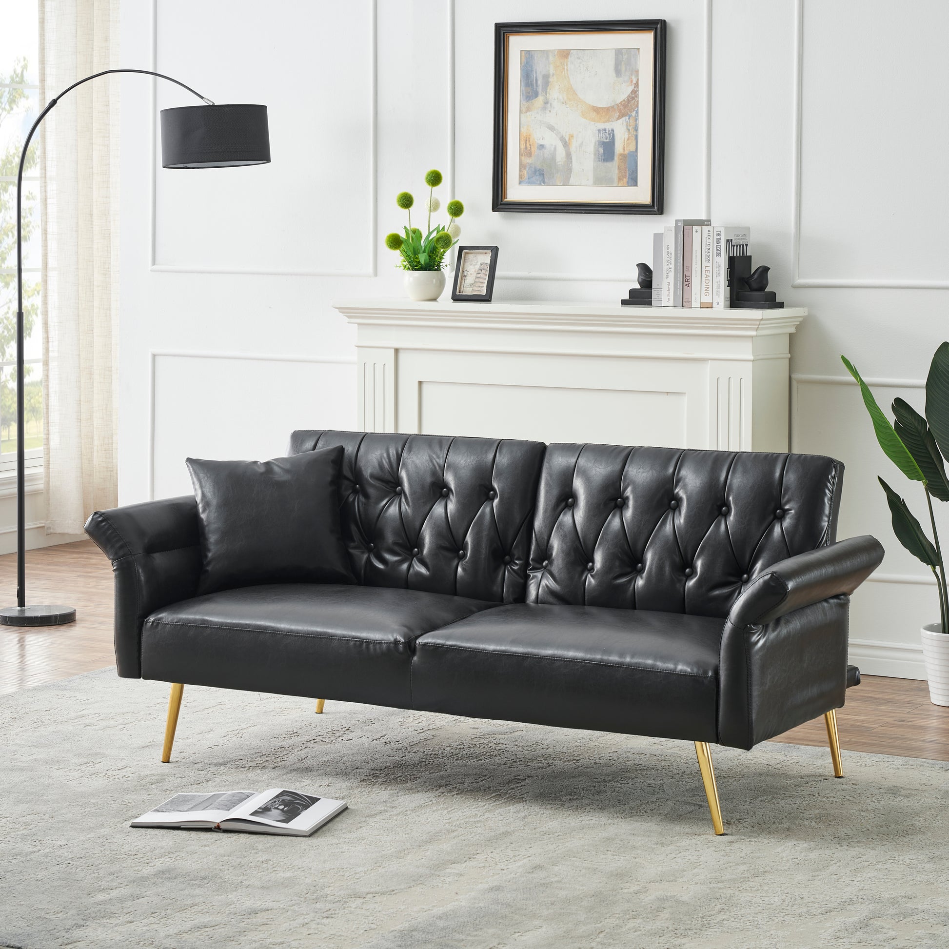 67.71 Inch Faux Leather Sofa Bed With Adjustment Armres Black Light Brown Faux Leather Wood Primary Living Space Medium Soft Loose Back Contemporary Eucalyptus Square Arms Foam Pvc 2 Seat
