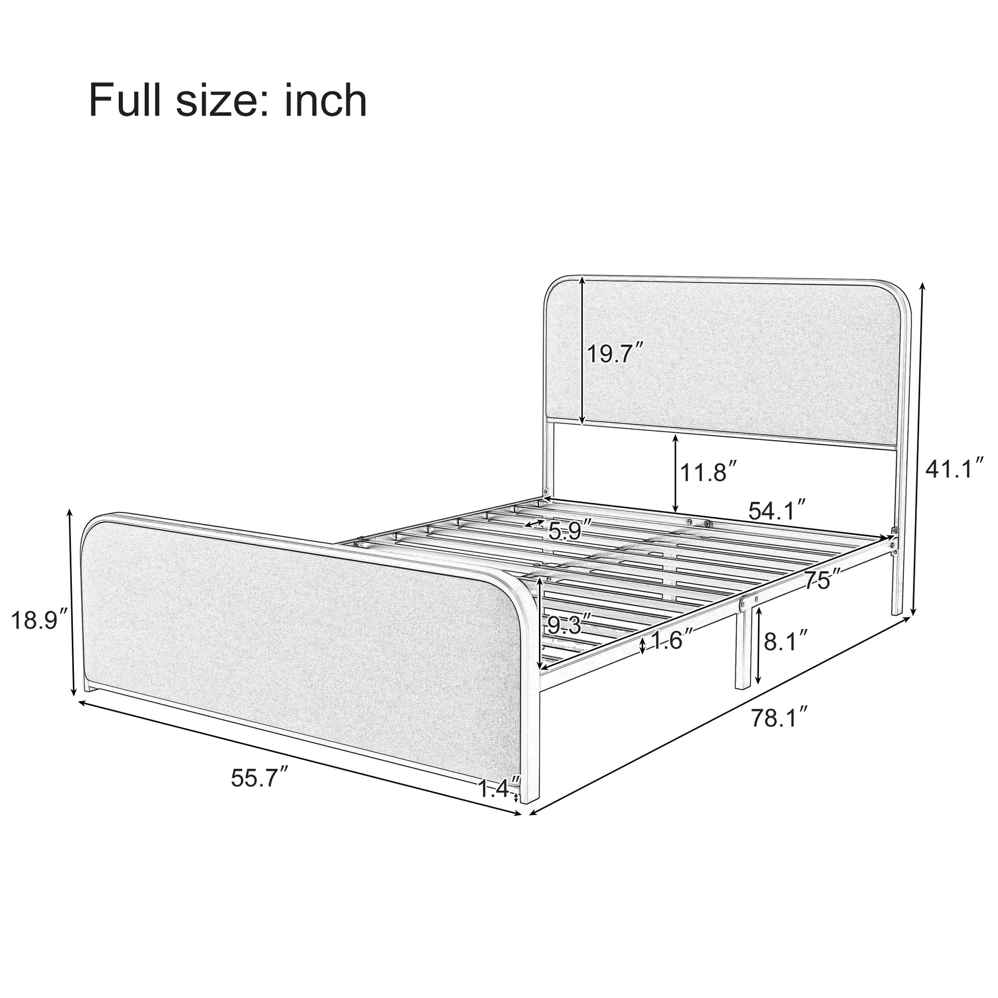 Modern Metal Bed Frame With Curved Upholstered Headboard And Footboard Bed With Under Bed Storage, Heavy Duty Metal Slats, Full Size, Grey Grey Metal Modern Metal