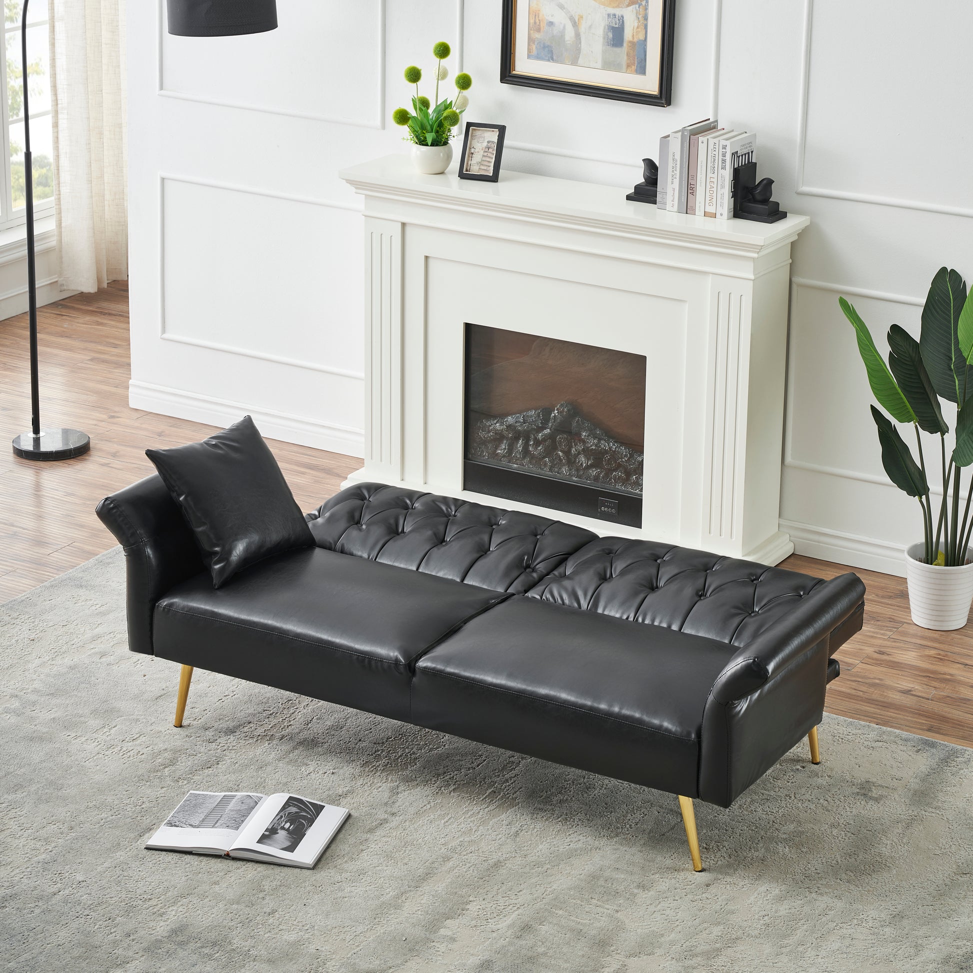 67.71 Inch Faux Leather Sofa Bed With Adjustment Armres Black Light Brown Faux Leather Wood Primary Living Space Medium Soft Loose Back Contemporary Eucalyptus Square Arms Foam Pvc 2 Seat