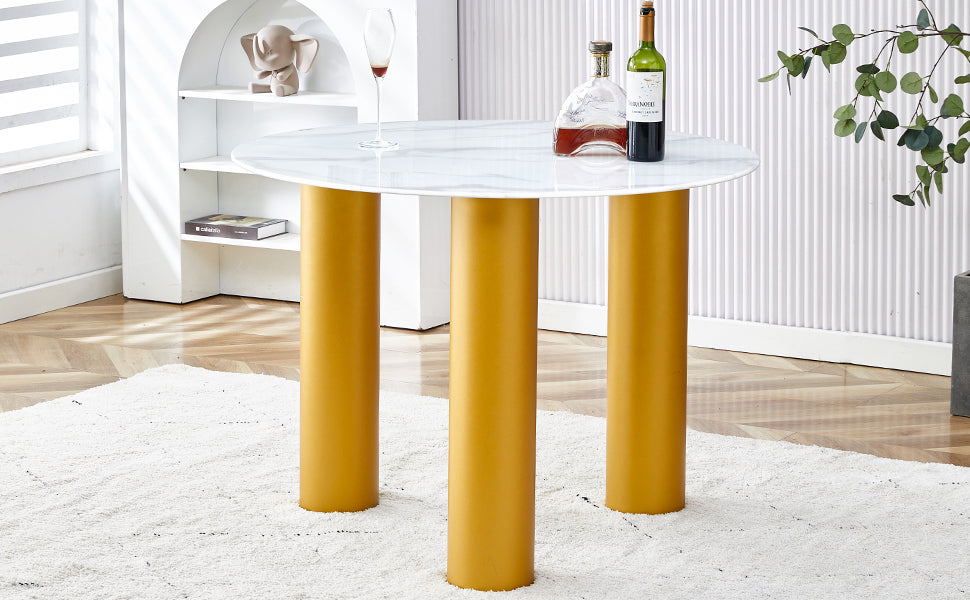 Round White Dining Table, Artificial Marble Glass Stickers, Golden Mdf Legs, Kitchen Dining Table, Living Room Dining Table 40 "* 40" * 29.4 "F X03 White Mdf