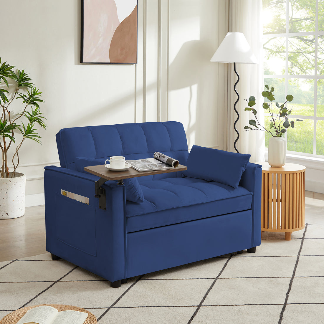 Blue Velvet Loveseat Sofa Bed Blue Wood Tufted Back Square Arms Foam Velvet 2 Seat