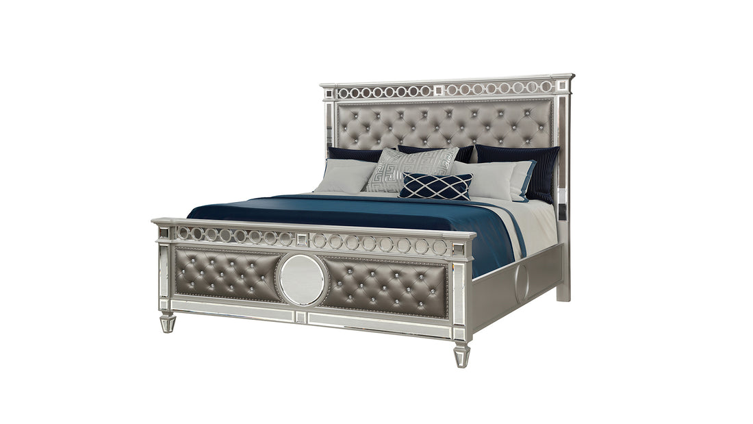 Symphony Modern Style Ringed & Mirror Front Crystal Tufted Upholstery Queen Bed Made With Wood & Diamond Shaped Legs In Silver Box Spring Required Queen Silver Wood Bedroom Modern Slat Beds Solid Wood Mdf Polyester Wood