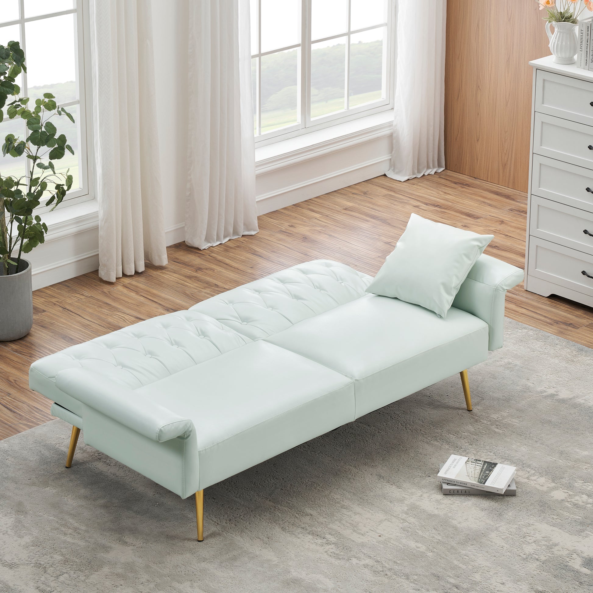 67.71 Inch Faux Leather Sofa Bed With Adjustment Armres White Light Brown Faux Leather Wood Primary Living Space Medium Soft Loose Back Contemporary Eucalyptus Square Arms Foam Pvc 2 Seat