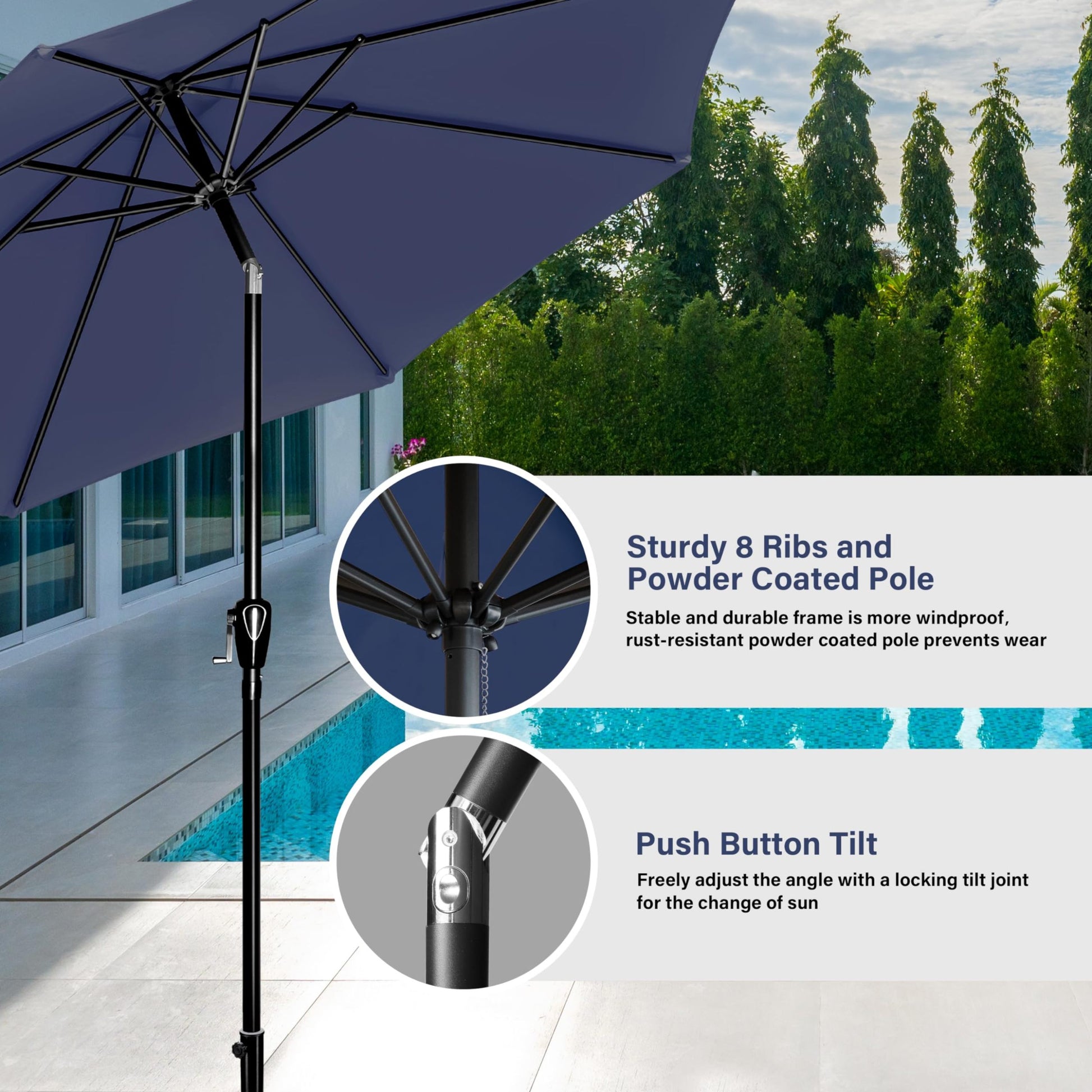 Patio Umbrella Outdoor Table Market Yard Umbrella Dark Blue Manual Garden & Outdoor Uv Resistant Umbrellas Stainless Steel