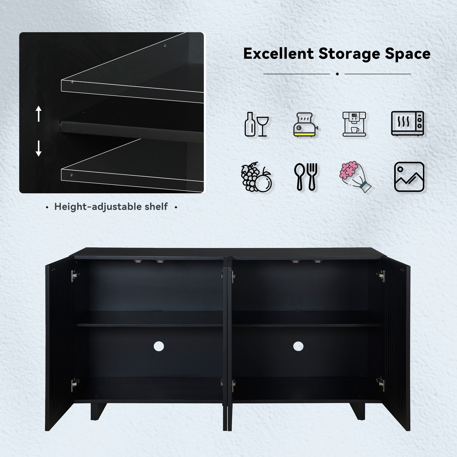 Modern Style Sideboard With Superior Storage Space, Hollow Door Design And 2 Adjustable Shelves For Living Room And Dining Room Black Black Dining Room Adjustabel Shelves Mdf