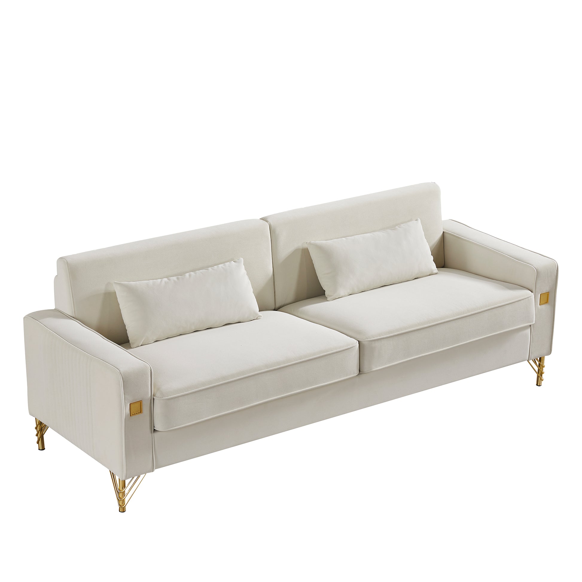 85.44" Modern Velvet Couch With Gold Legs,Upholstered Sofa For Living Room White Cushion Back Modern Eucalyptus Square Arms Velvet