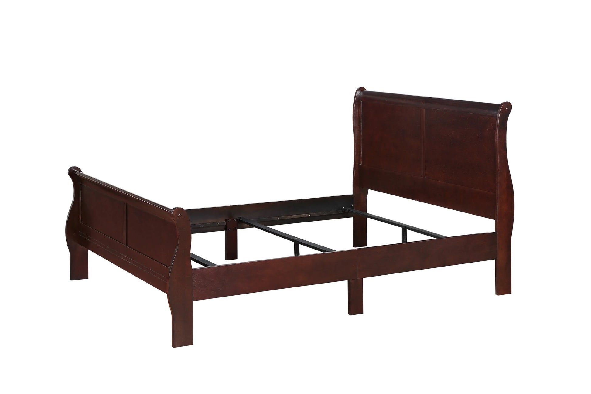 Louis Phillipe Brown Cherry Finish Queen Size Panel Sleigh Bed Solid Wood Wooden Bedroom Furniture Queen Cherry Solid Wood