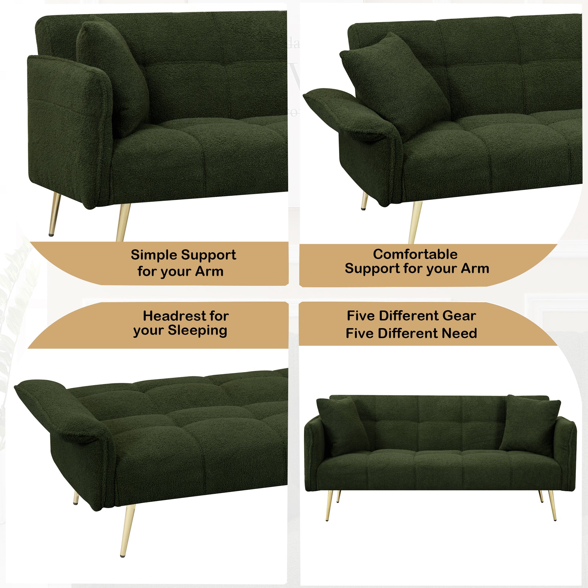 70.1 "Futon Sofa Bed, Convertible Double Sofa Bed With Folding Armrests For Living Rooms And Small Spaces Green Light Brown Velvet Wood Primary Living Space Medium Soft Loose Back Contemporary Eucalyptus Foam Foam 2 Seat