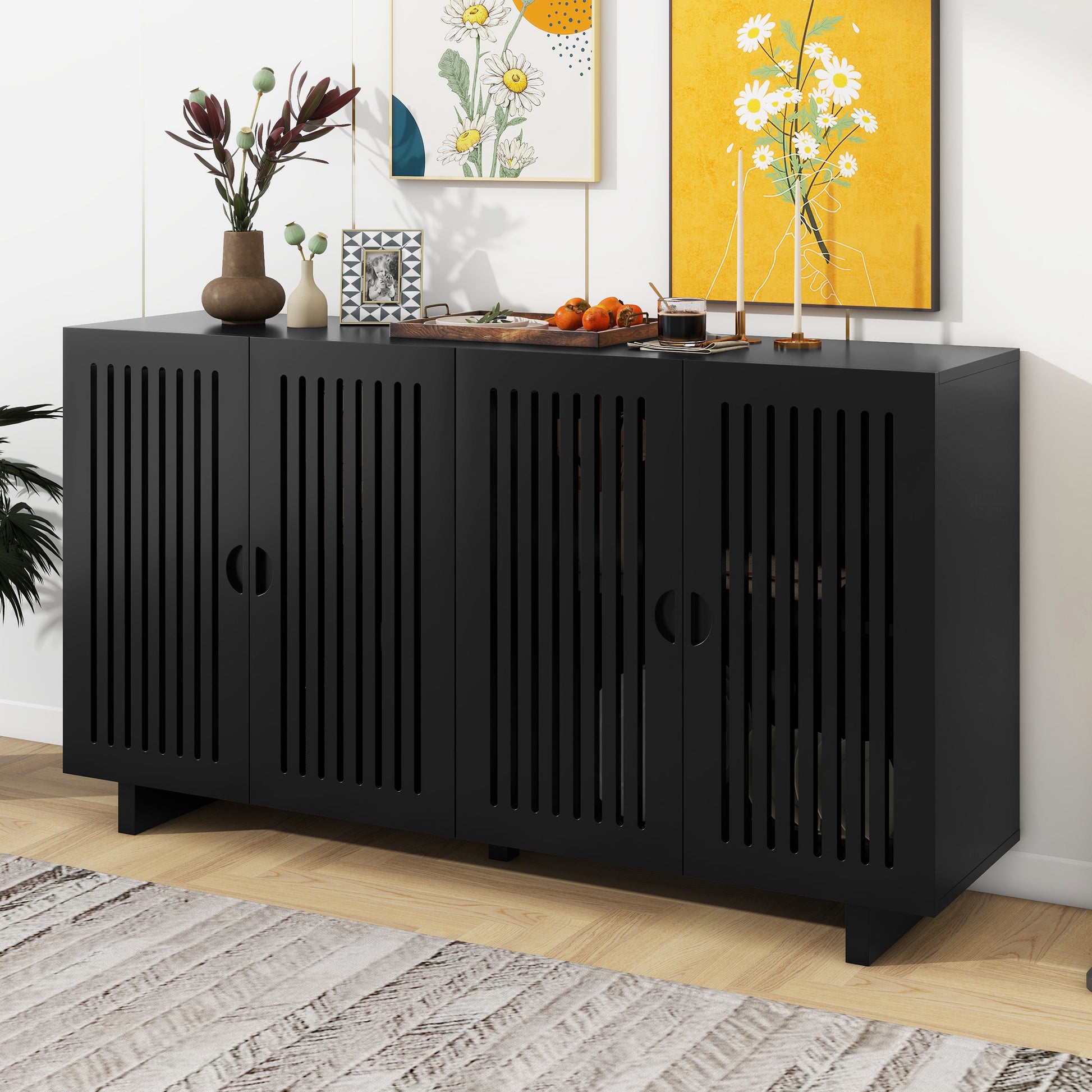 Modern Style Sideboard With Superior Storage Space, Hollow Door Design And 2 Adjustable Shelves For Living Room And Dining Room Black Black Dining Room Adjustabel Shelves Mdf