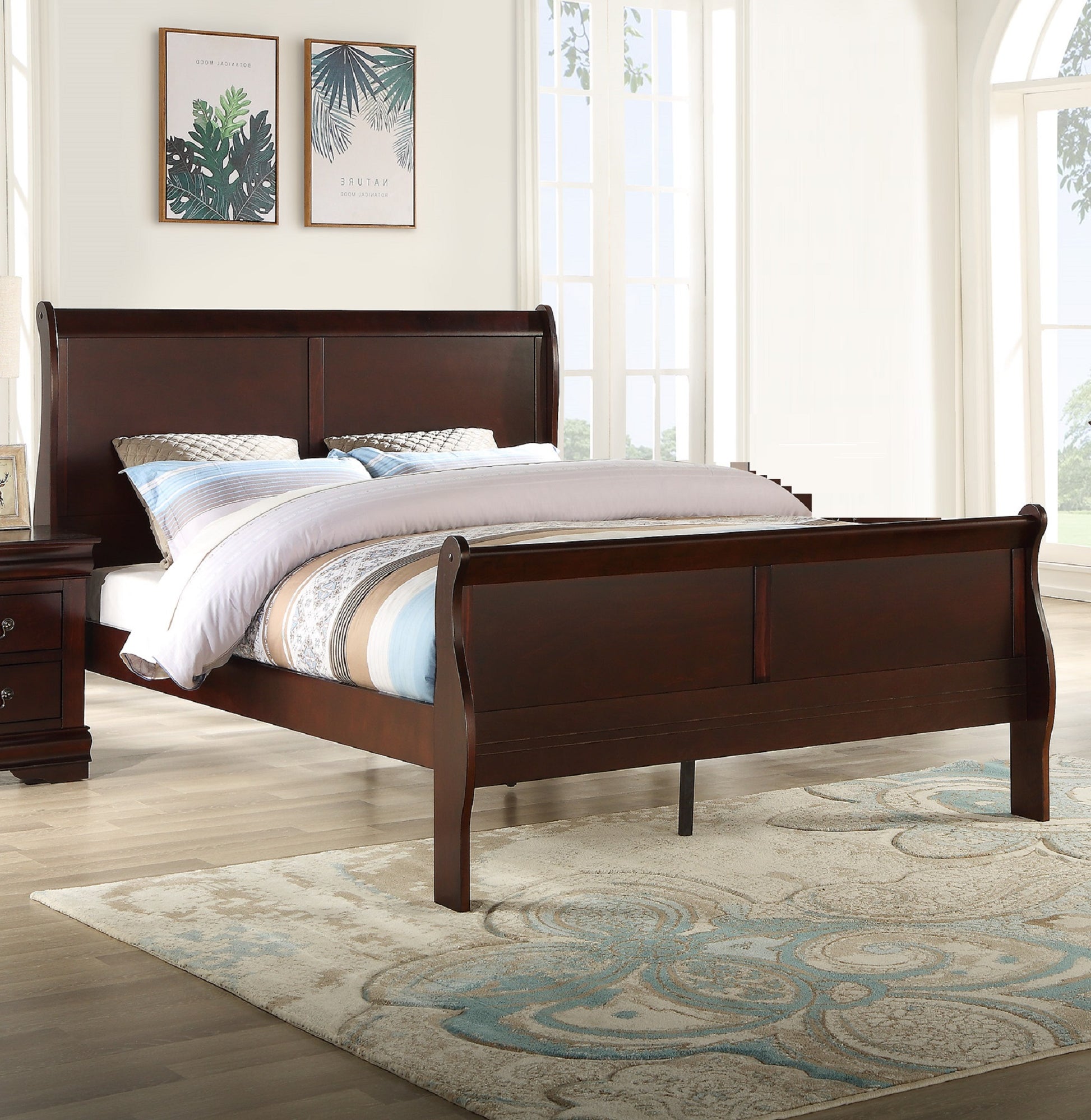 Louis Phillipe Brown Cherry Finish Queen Size Panel Sleigh Bed Solid Wood Wooden Bedroom Furniture Queen Cherry Solid Wood