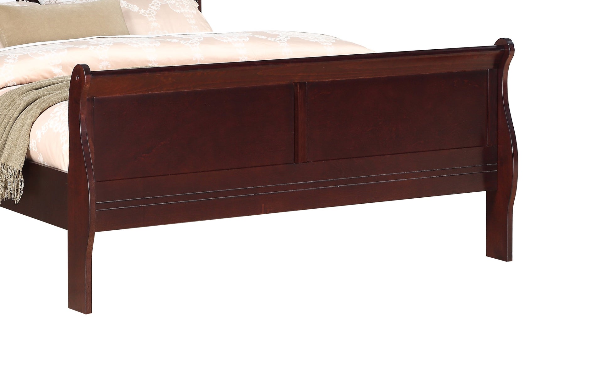 Louis Phillipe Brown Cherry Finish Queen Size Panel Sleigh Bed Solid Wood Wooden Bedroom Furniture Queen Cherry Solid Wood