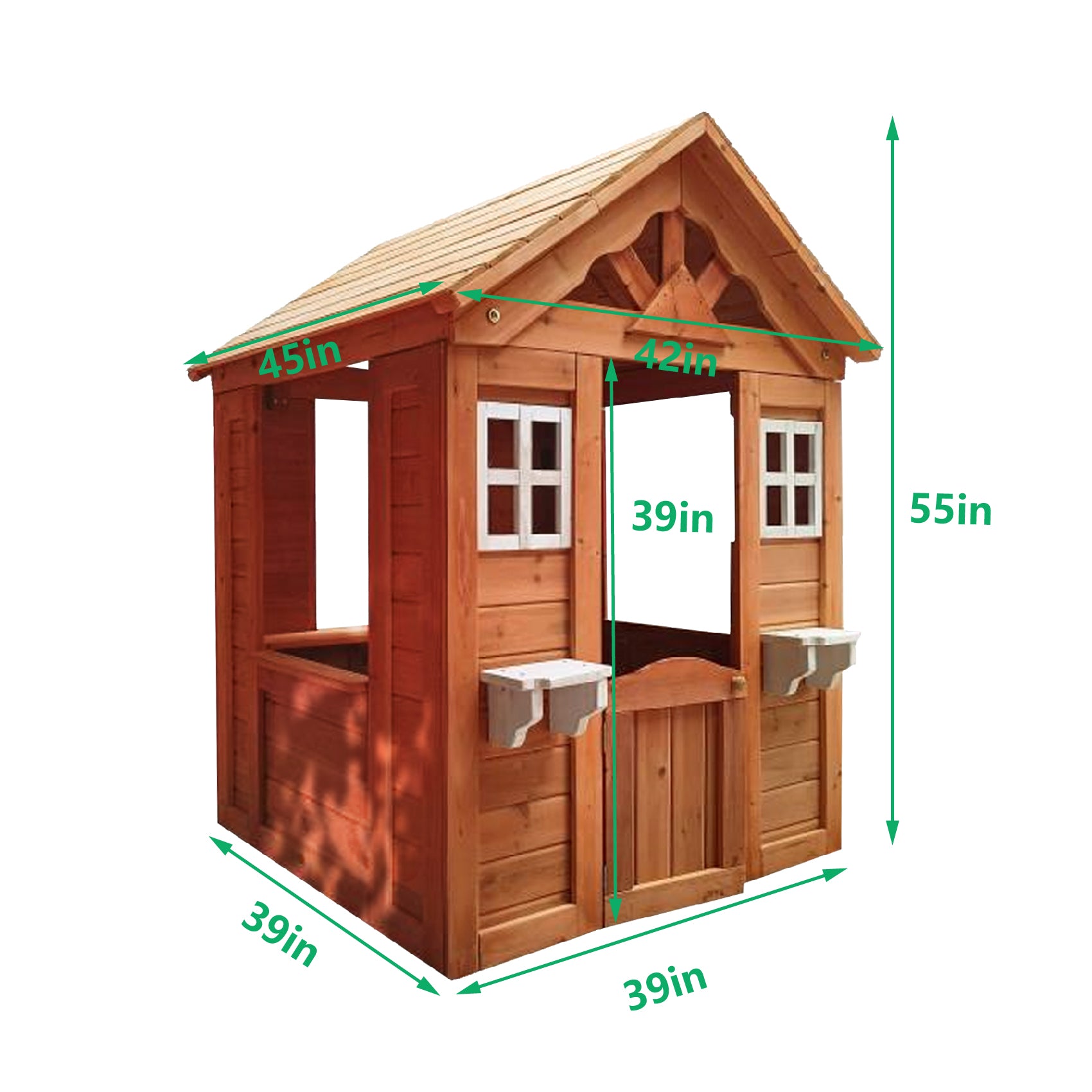 Wooden Kids Playhouse With 2 Windows And Flowerpot Holder,42"Lx46"Wx55"H,Golden Red Golden Solid Wood