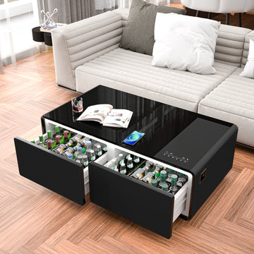 Modern Smart Coffee Table With Built In Fridge, Bluetooth Speaker, Wireless Charging Module, Touch Control Panel, Power Socket, Usb Interface, Outlet Protection, Atmosphere Light, Black Black Primary Living Space Coffee & End Tables Abs