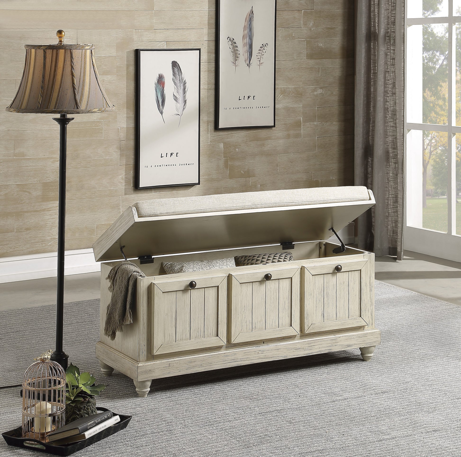 1Pc Durable Storage Bench White Finish Foam Cushioned Seat Beige Upholstery Flip Top Seat Solid Wood Home Furniture Distressed Finish White Polyester Primary Living Space Beige Flip Top Solid Wood