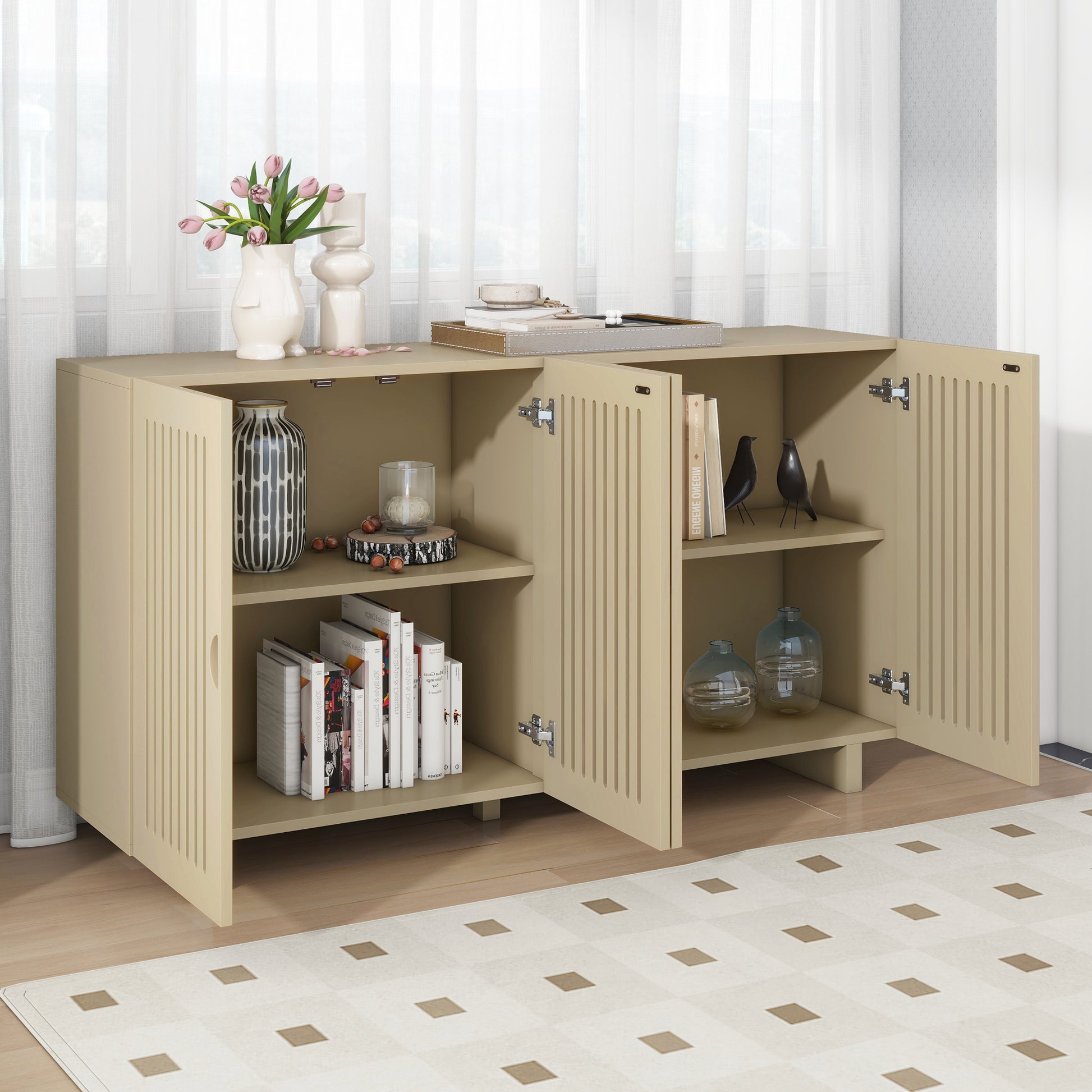 Modern Style Sideboard With Superior Storage Space, Hollow Door Design And 2 Adjustable Shelves For Living Room And Dining Room Almond Almond Dining Room Adjustabel Shelves Mdf