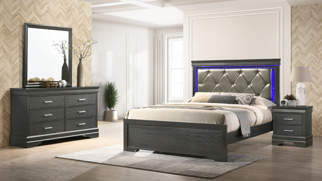 Brooklyn Twin 4 Piece Led Bedroom Set Made With Wood In Gray Box Spring Required Twin Gray Wood 4 Piece Set Bedroom Bed Included,Dresser Included,Mirror Included,Nightstand Included Modern Acacia Upholstered Polyester Tufted Wood