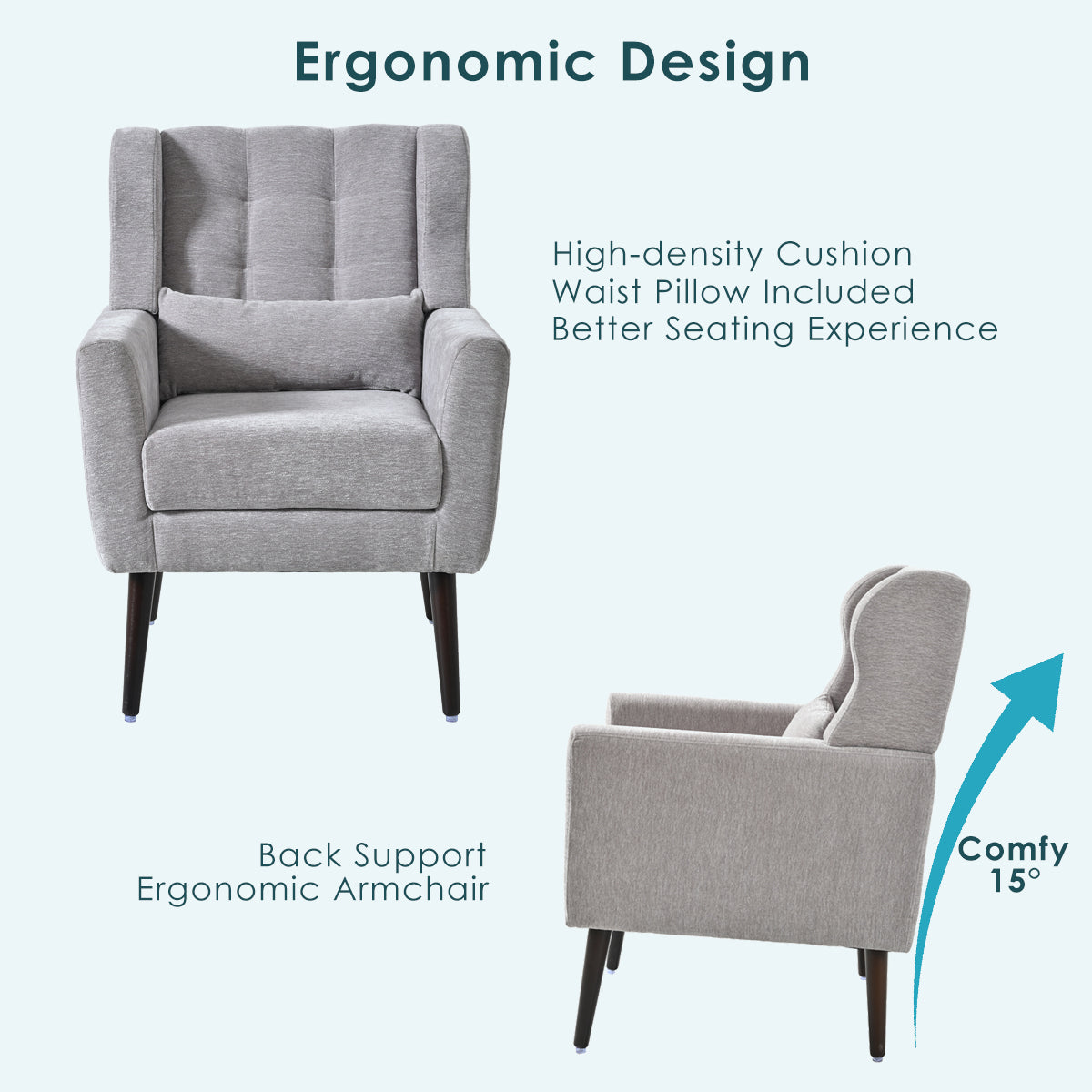 Modern Accent Chair,Chenille Arm Chairs For Living Room,Upholstered Mordern Armchair,Comfy Soft Padded Lounge Chair In Small Space, Bedroom, W Pillow, Solid Wood Leg Gray Grey Light Brown Primary Living Space Modern Rubberwood Foam Chenille