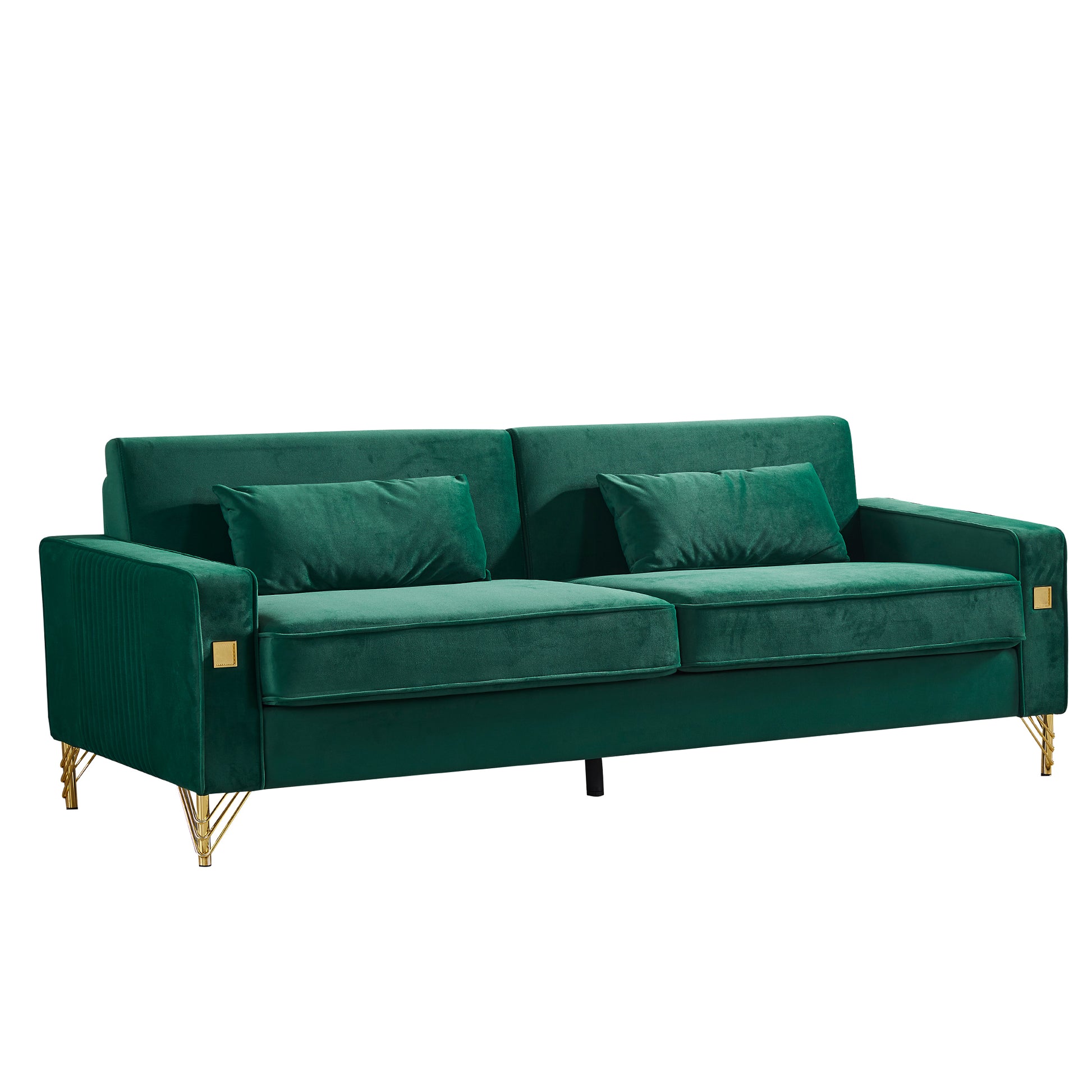 85.44" Modern Velvet Couch With Gold Legs,Upholstered Sofa For Living Room Green Wood Cushion Back Modern Eucalyptus Square Arms Velvet 2 Seat