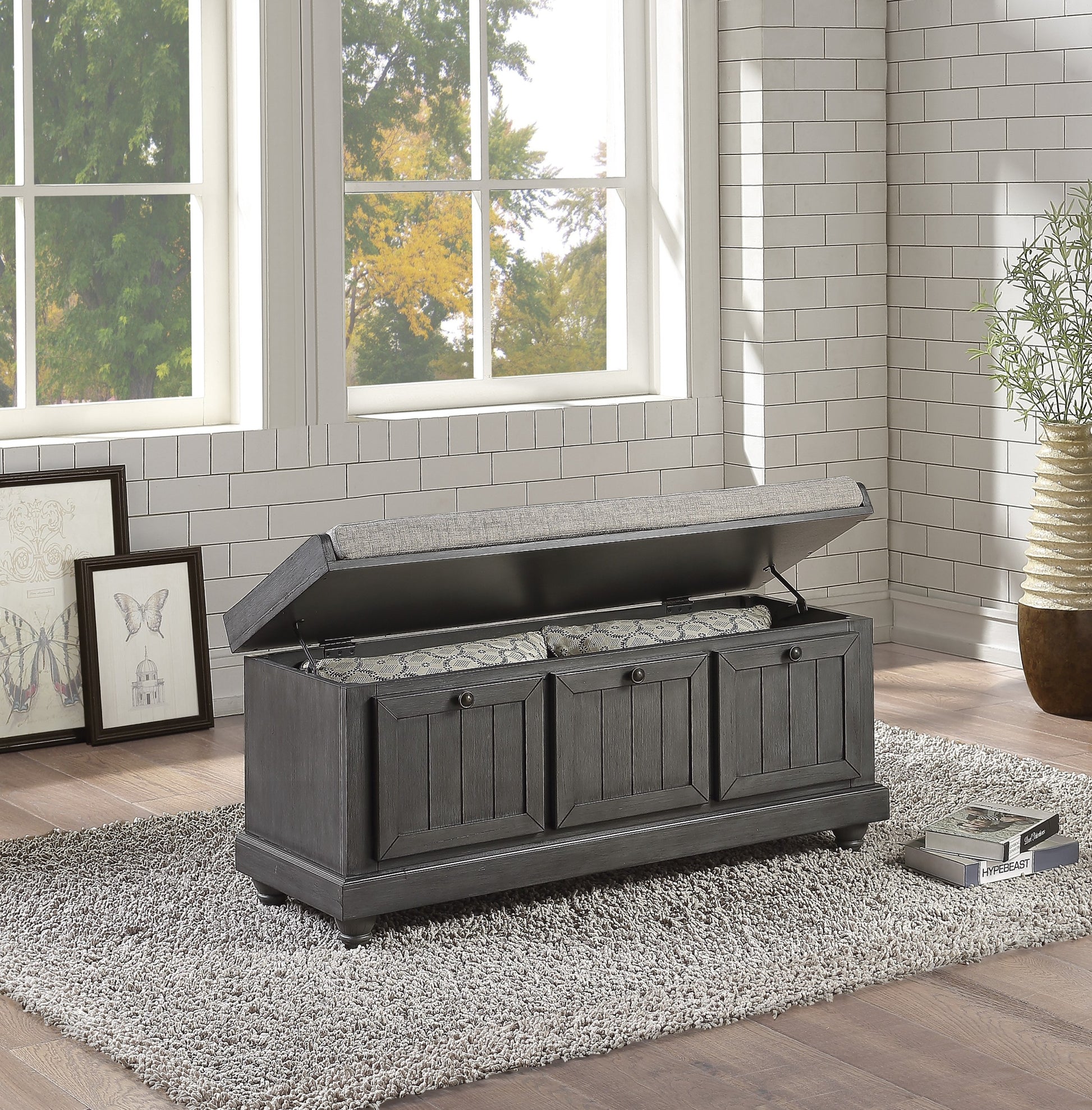 1Pc Durable Storage Bench Dark Gray Finish Foam Cushioned Seat Upholstery Flip Top Seat Solid Wood Home Furniture Distressed Finish Dark Gray Polyester Primary Living Space Grey Flip Top Solid Wood