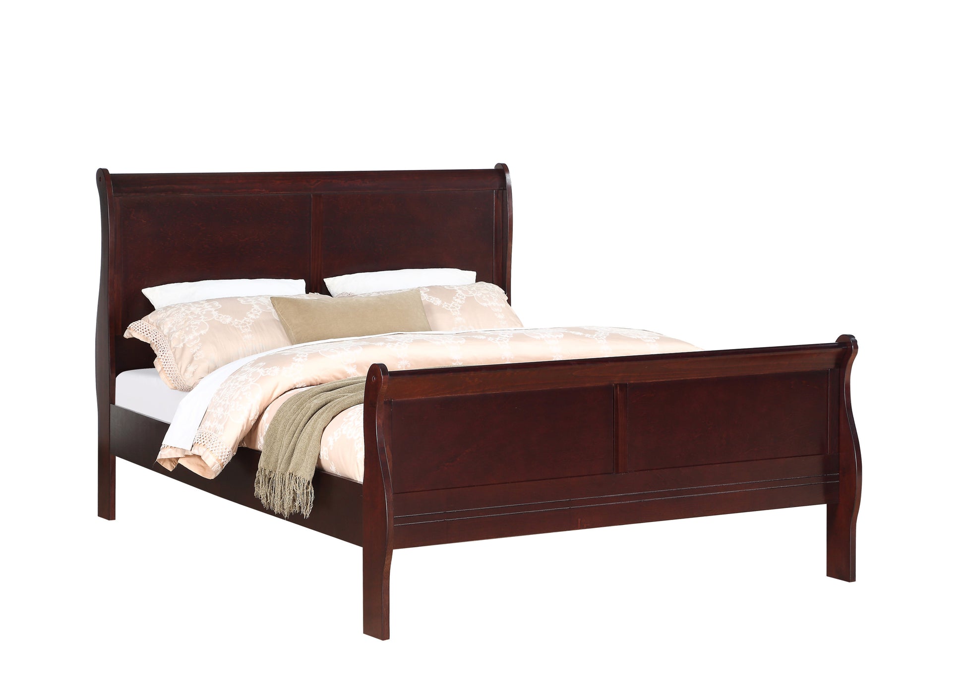 Louis Phillipe Brown Cherry Finish Full Size Panel Sleigh Bed Solid Wood Wooden Bedroom Furniture Full Cherry Solid Wood