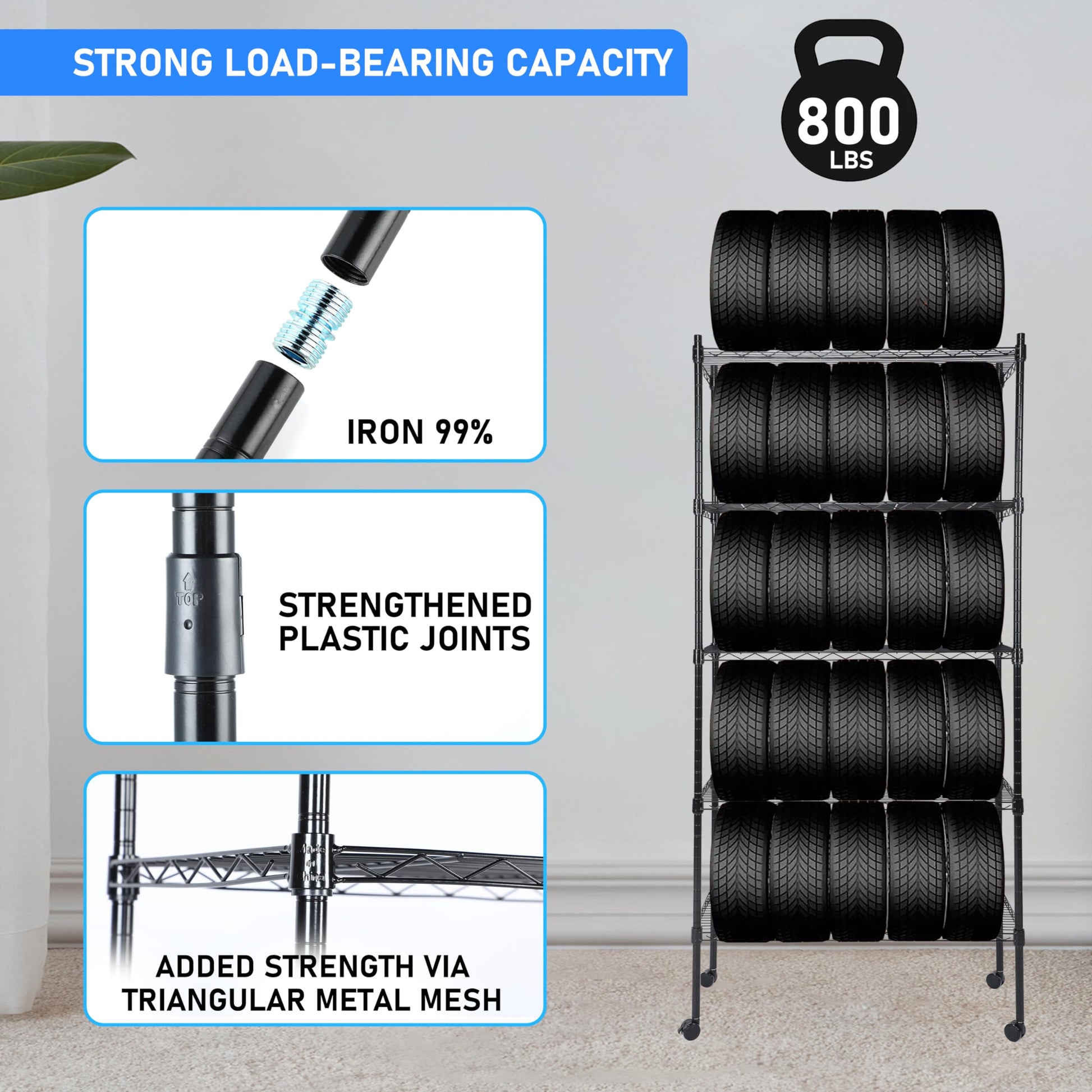 Heavy Duty 5 Tier Shelving Units Adjustable, Wire Shelf With 800 Lbs Capacity 160 Per Shelf , 24" D X 14" W X 59 "H, Black, 5 Levels, Storage Shelf With Wheels & Leveling Feet 5 Black Office Open