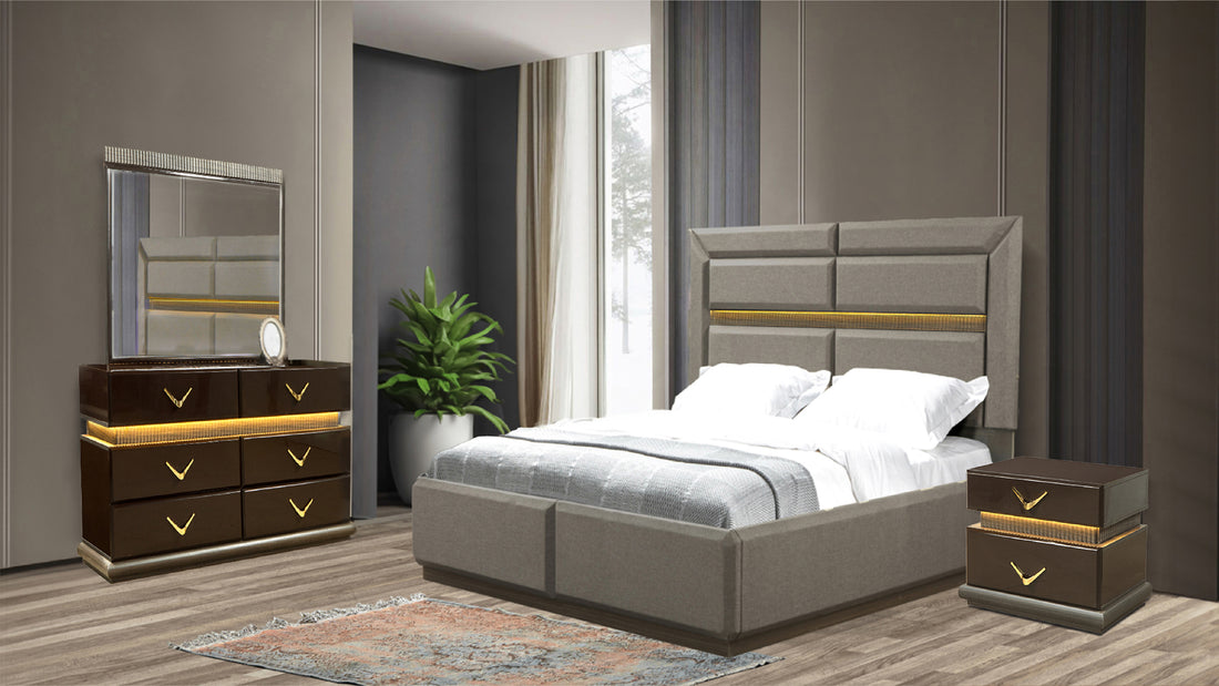 Dunhill Modern Style 4 Pc Queen Bedroom Set Made With Wood In Brown Box Spring Not Required Queen Brown Wood Brown 4 Piece Set Bedroom Bed Included,Dresser Included,Mirror Included,Nightstand Included Modern Solid Wood Mdf Built In Lighting Wood