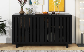 Modern Style Sideboard With Superior Storage Space, Hollow Door Design And 2 Adjustable Shelves For Living Room And Dining Room Black Black Dining Room Adjustabel Shelves Mdf