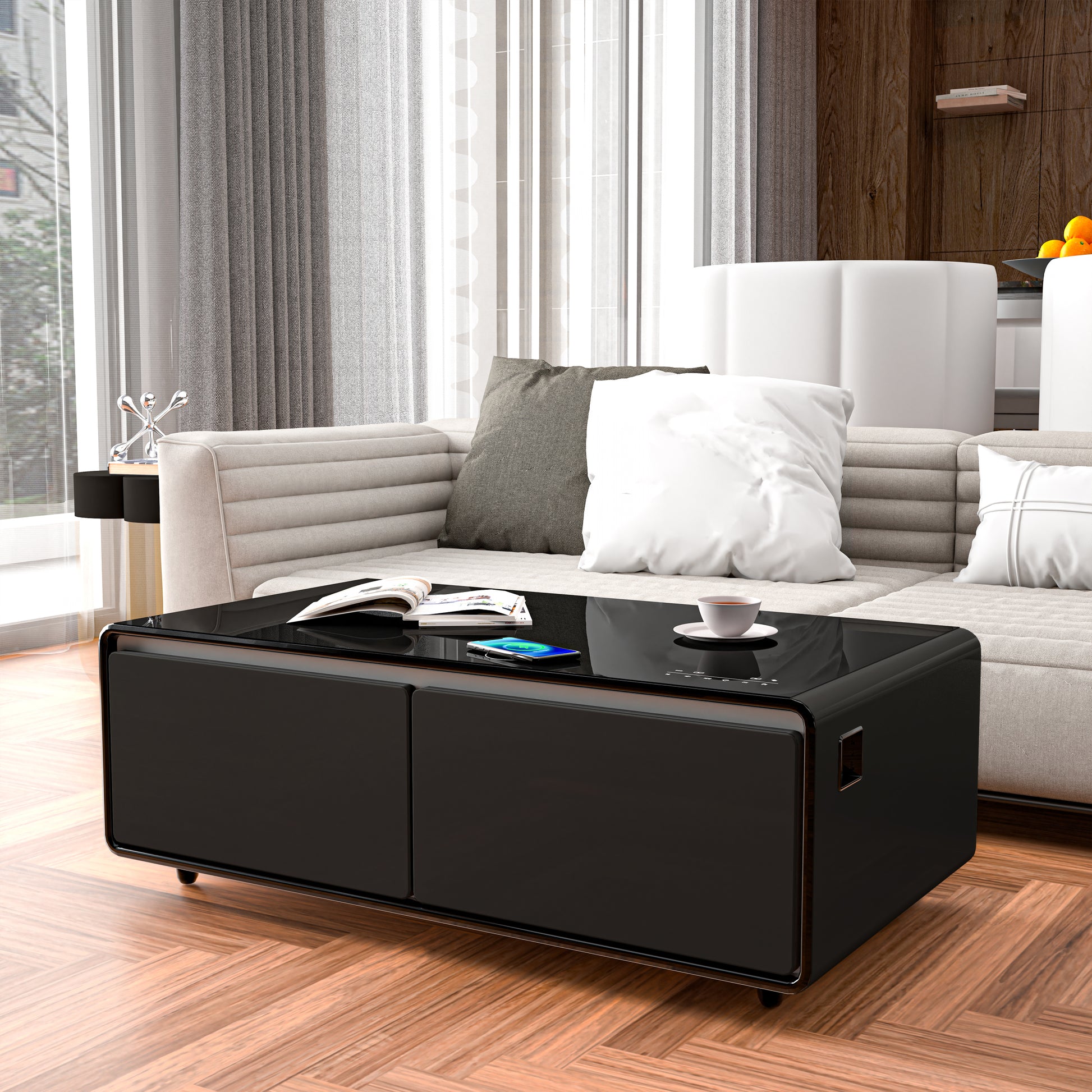 Modern Smart Coffee Table With Built In Fridge, Bluetooth Speaker, Wireless Charging Module, Touch Control Panel, Power Socket, Usb Interface, Outlet Protection, Atmosphere Light, Black Black Primary Living Space Coffee & End Tables Abs