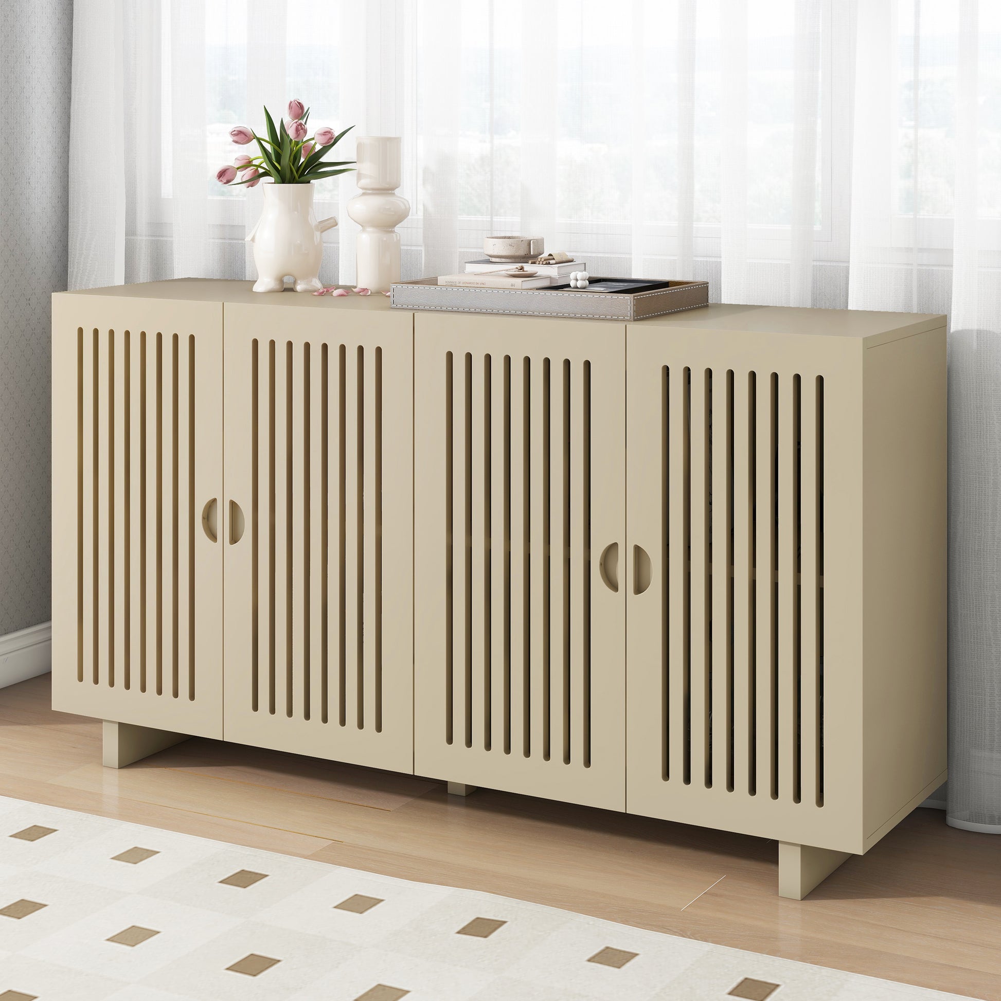 Modern Style Sideboard With Superior Storage Space, Hollow Door Design And 2 Adjustable Shelves For Living Room And Dining Room Almond Almond Dining Room Adjustabel Shelves Mdf