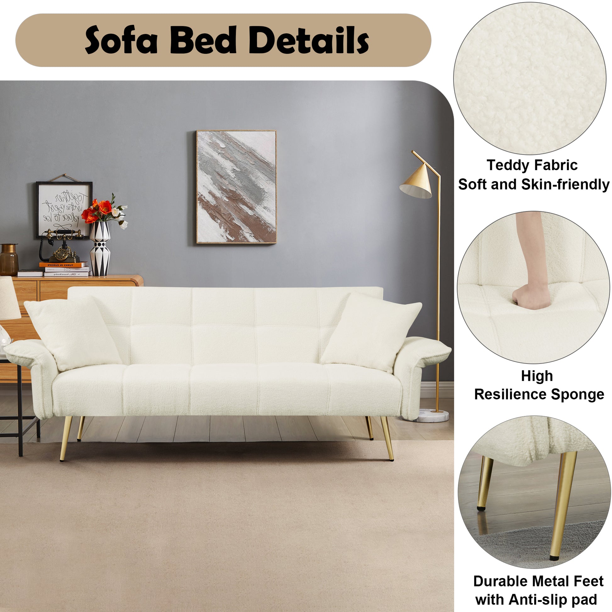 70.1 "Futon Sofa Bed, Convertible Double Sofa Bed With Folding Armrests For Living Rooms And Small Spaces Beige Light Brown Velvet Wood Primary Living Space Medium Soft Loose Back Contemporary Eucalyptus Foam Foam 2 Seat
