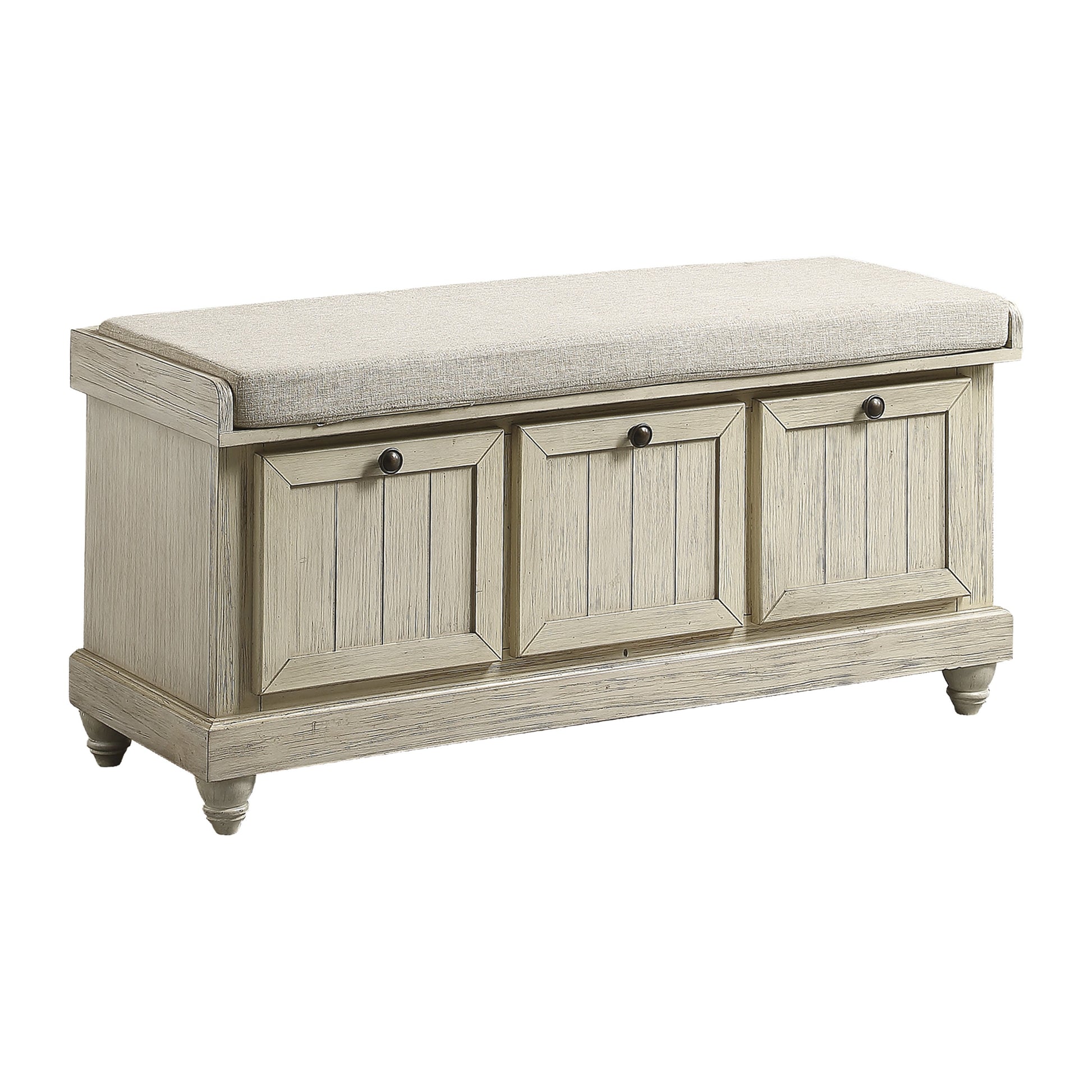 1Pc Durable Storage Bench White Finish Foam Cushioned Seat Beige Upholstery Flip Top Seat Solid Wood Home Furniture Distressed Finish White Polyester Primary Living Space Beige Flip Top Solid Wood