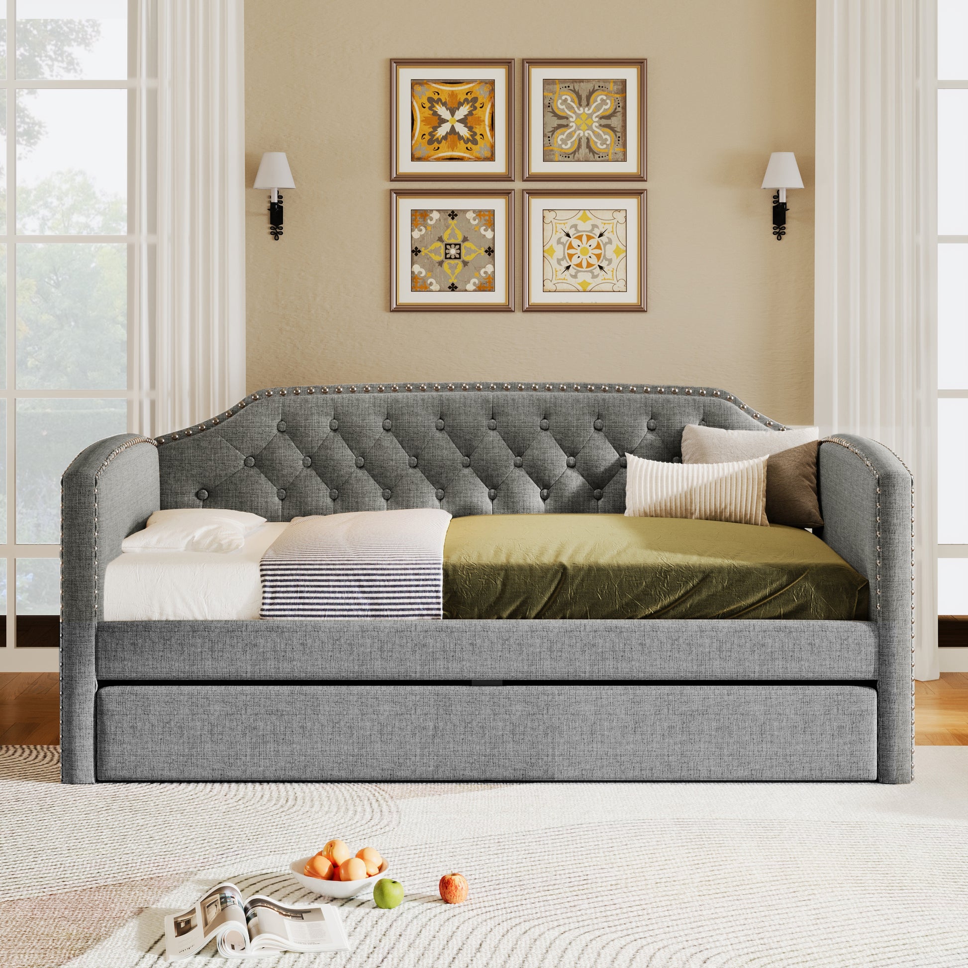 Twin Size Upholstered Daybed With Trundle For Guest Room, Small Bedroom, Study Room, Gray Box Spring Not Required Twin Gray Wood Bedroom Traditional Daybeds Linen Upholstered