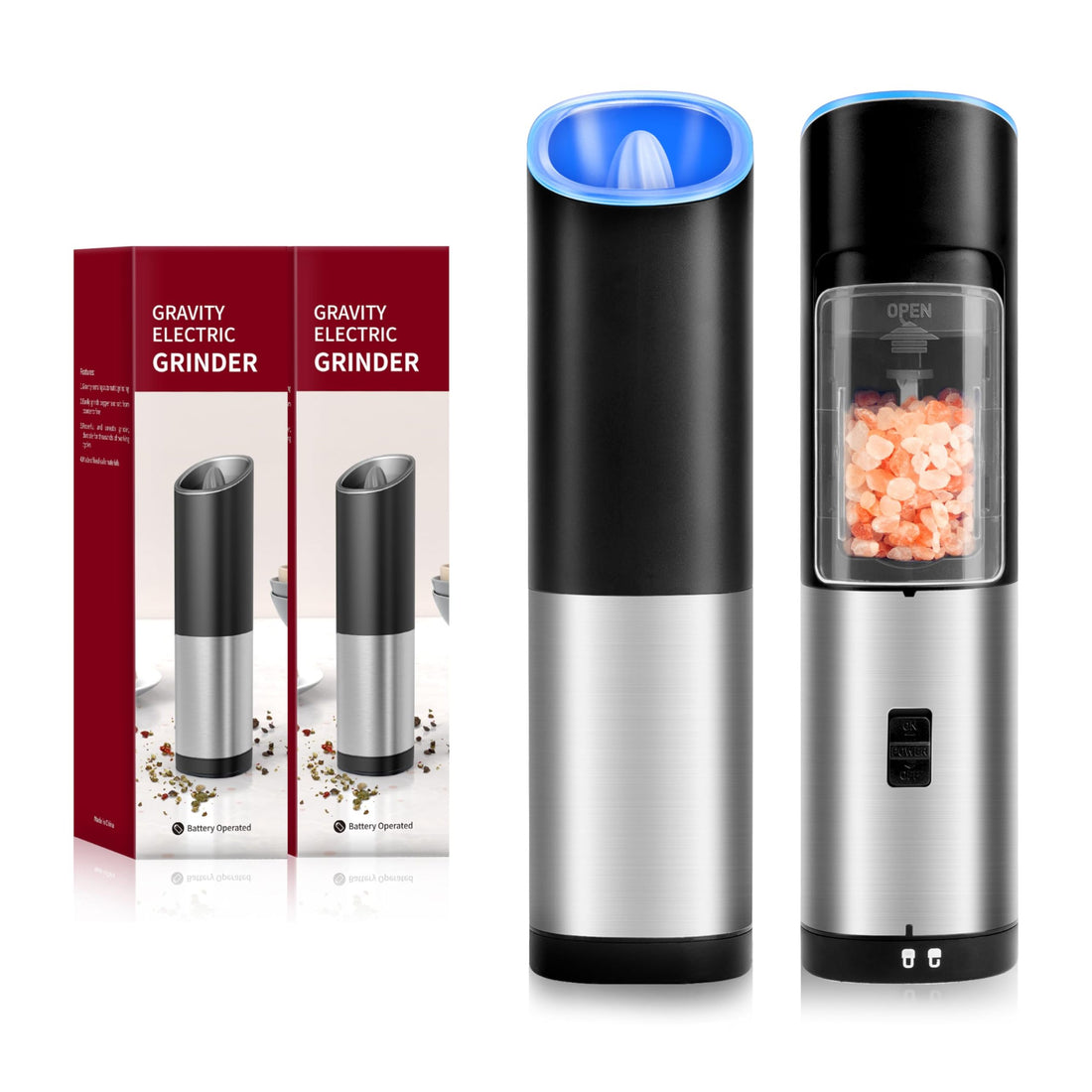 Gravity Electric Salt And Pepper Grinder Set, Adjustable Coarseness, Battery Powered With Led Light, One Hand Automatic Operation, Stainless Steel, Black Black Stainless Steel