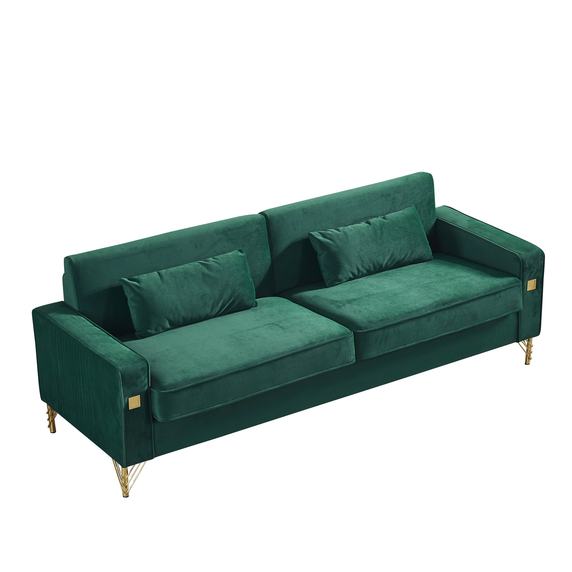 85.44" Modern Velvet Couch With Gold Legs,Upholstered Sofa For Living Room Green Wood Cushion Back Modern Eucalyptus Square Arms Velvet 2 Seat