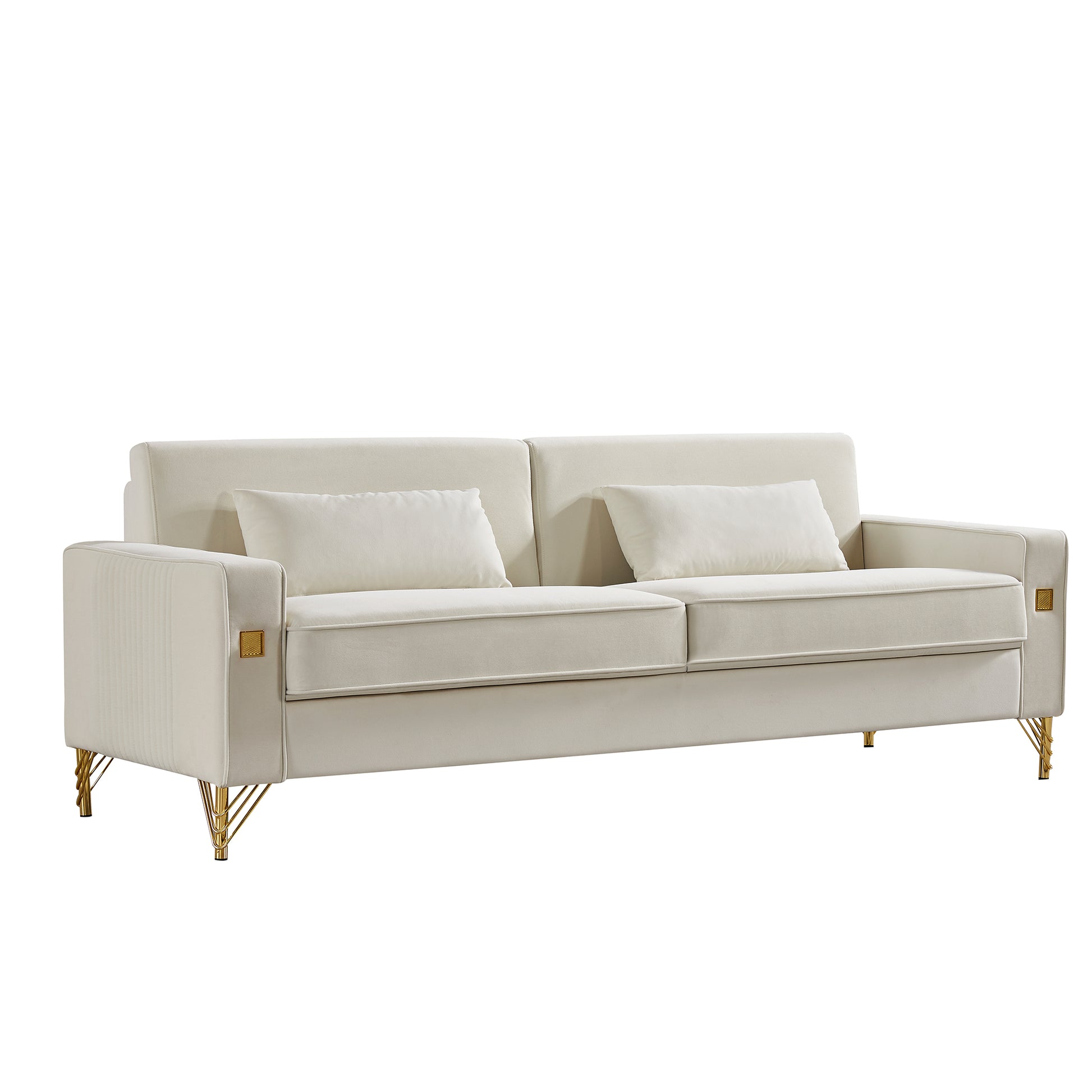 85.44" Modern Velvet Couch With Gold Legs,Upholstered Sofa For Living Room White Cushion Back Modern Eucalyptus Square Arms Velvet