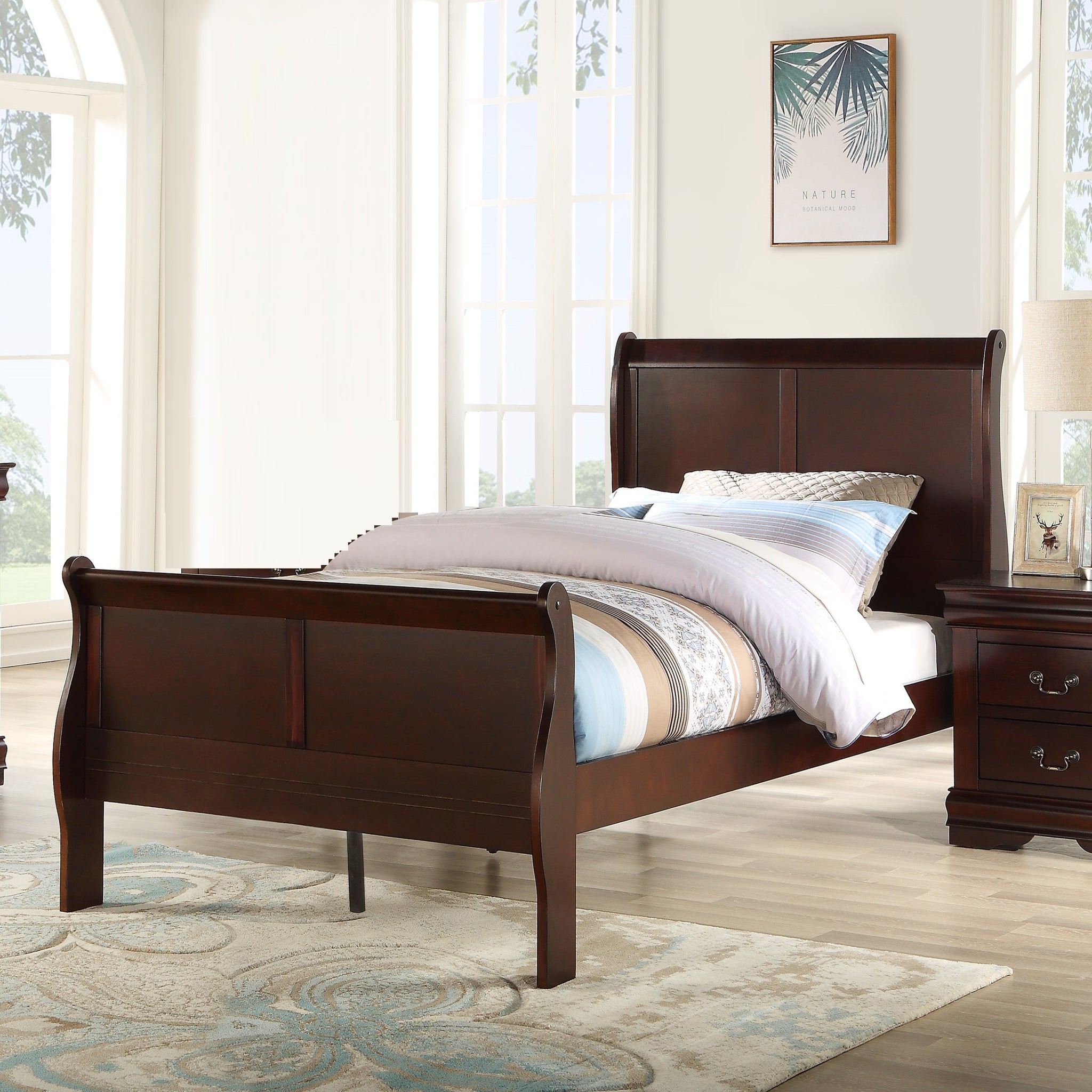 Louis Phillipe Brown Cherry Finish Twin Size Youth Panel Sleigh Bed Solid Wood Wooden Bedroom Furniture Twin Cherry Solid Wood