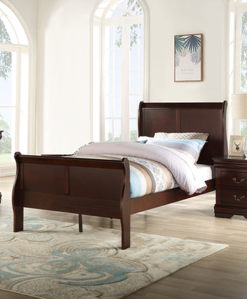 Louis Phillipe Brown Cherry Finish Twin Size Youth Panel Sleigh Bed Solid Wood Wooden Bedroom Furniture Twin Cherry Solid Wood