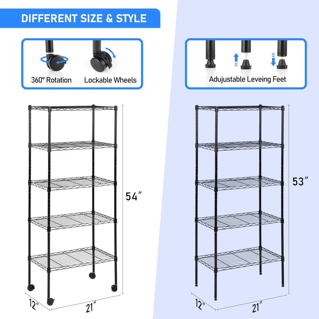 Heavy Duty Shelving Unit, Wire Metal Stackable Storage, 5 Tier Shelf, Chrome, 21" W X 12" D X 54" H 5 Black Metal Stackable Iron