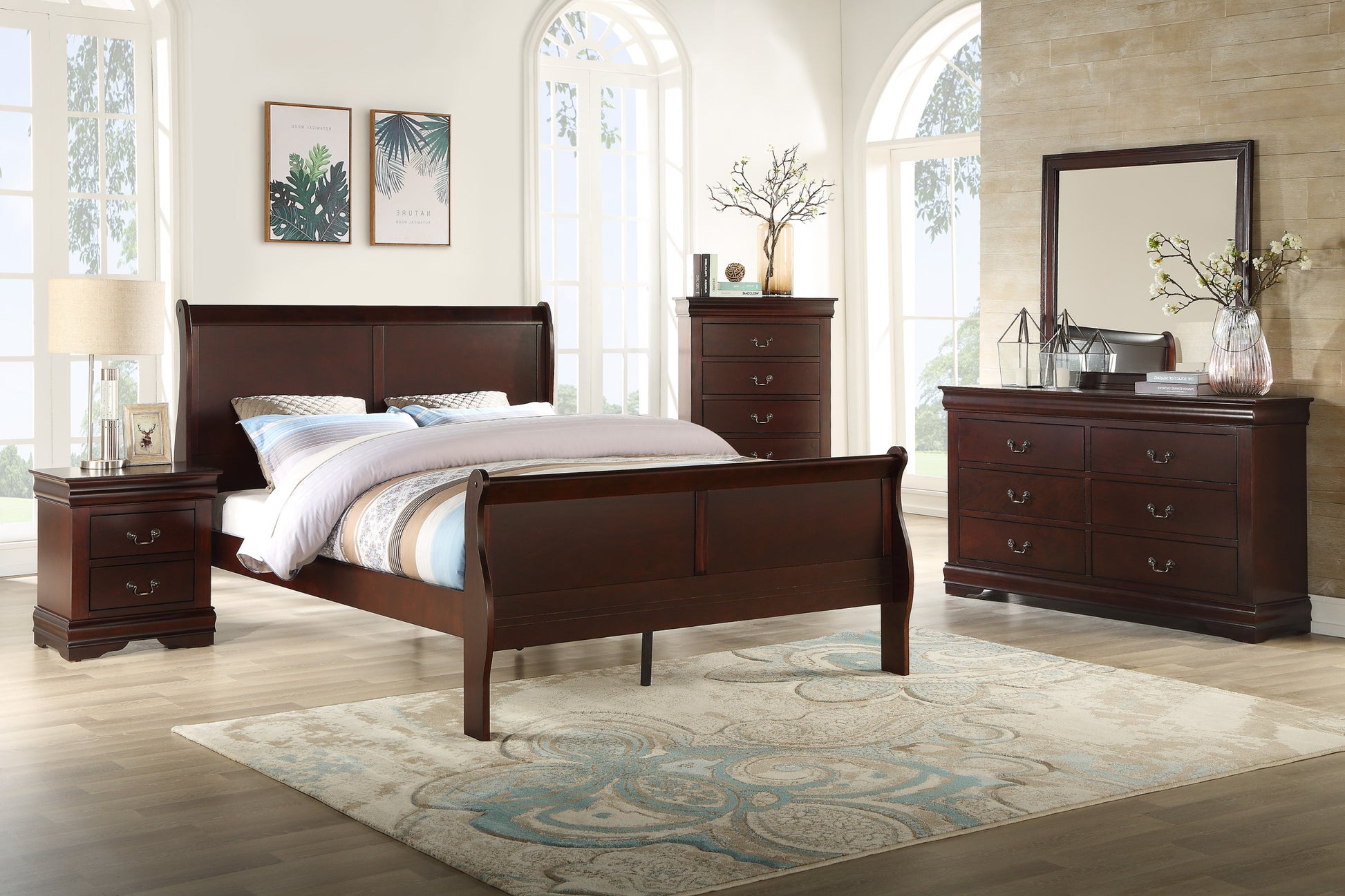 Louis Phillipe Brown Cherry Finish Queen Size Panel Sleigh Bed Solid Wood Wooden Bedroom Furniture Queen Cherry Solid Wood