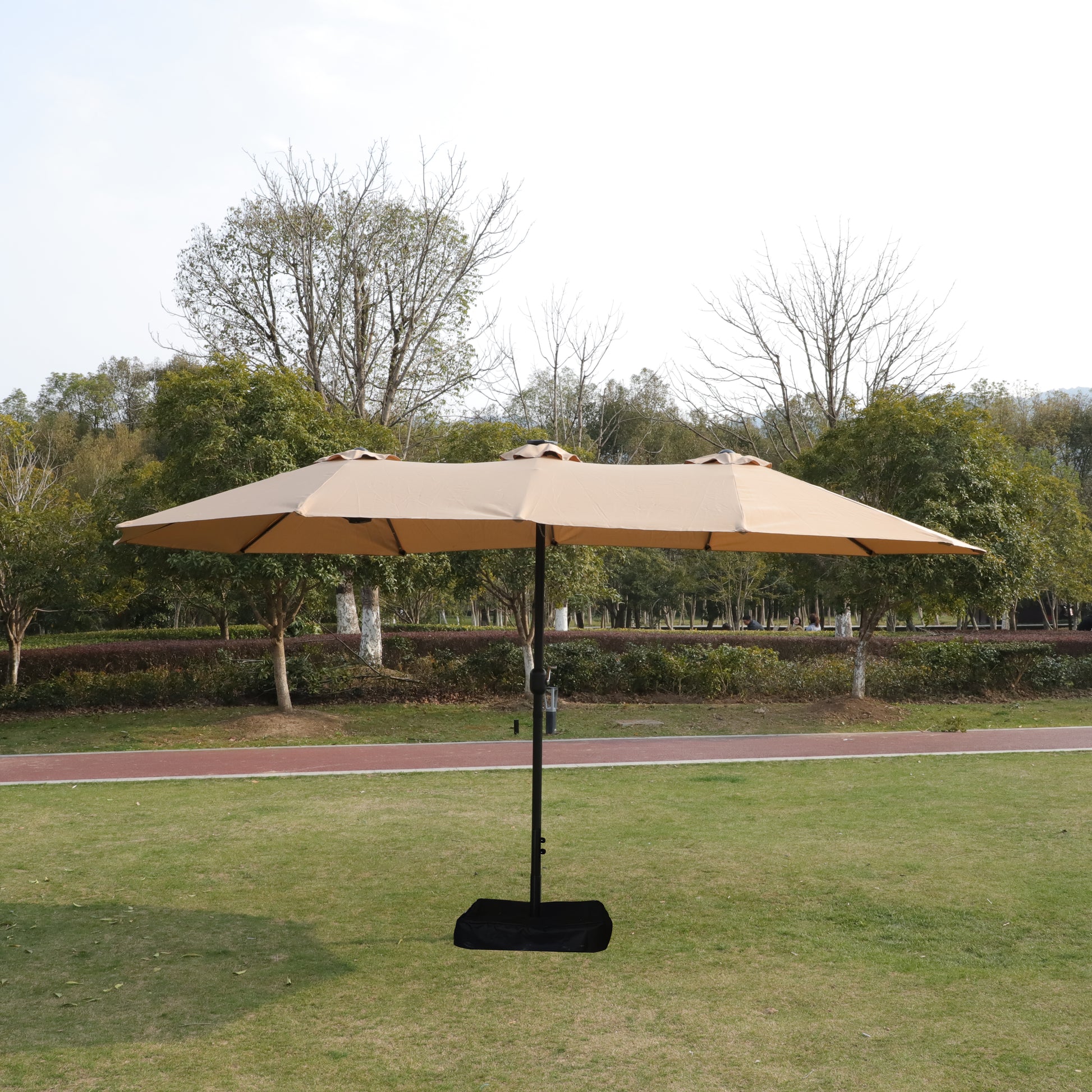 15X9Ft Large Double Sided Rectangular Outdoor Twin Patio Market Umbrella With Light And Base Taupe Taupe Metal