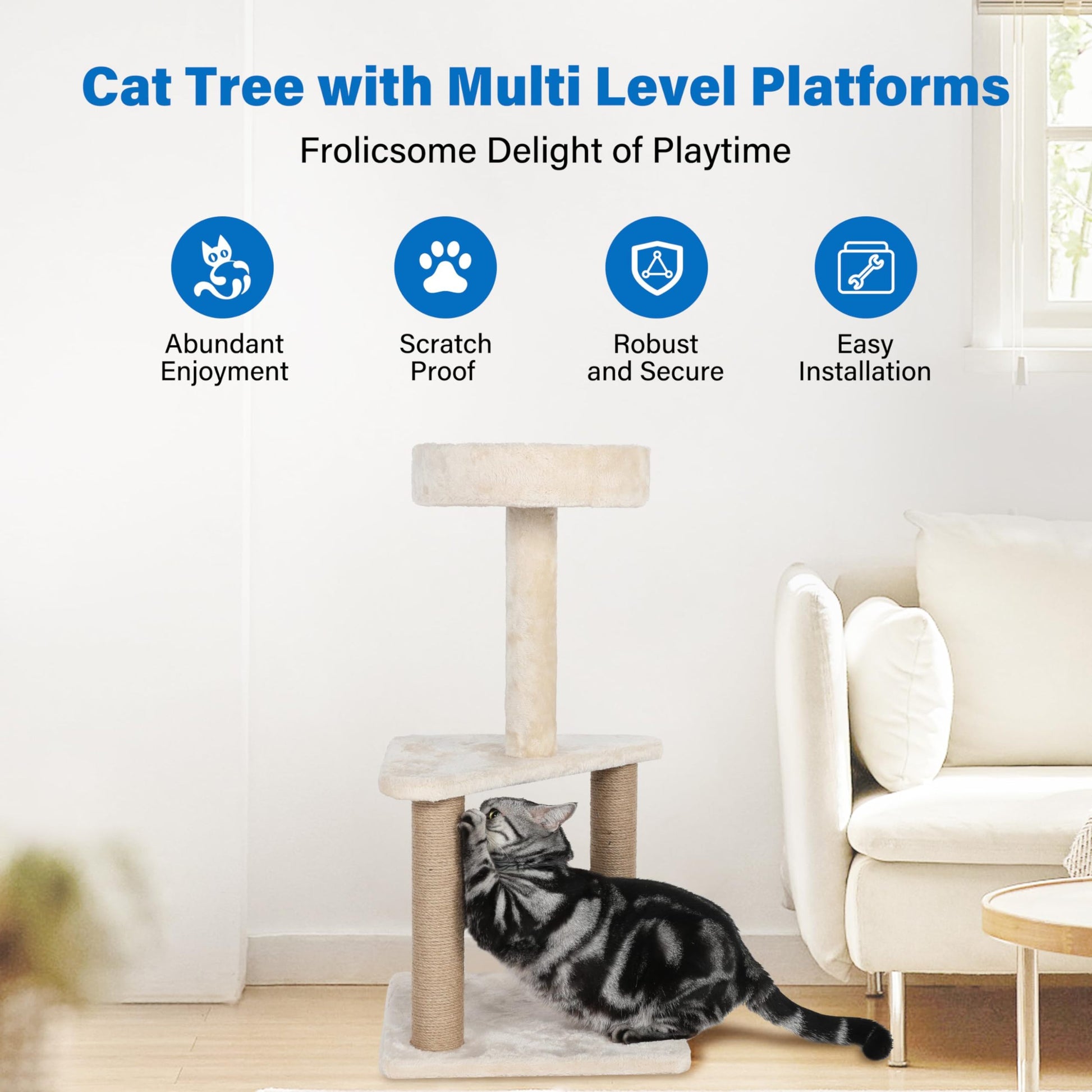 Cat Tree With Sisal Covered Scratching Post, 31.8 Inches Cat Tower With Plush Perchesfor Indoor Cats,15.7 X 31.8 Inches, Furniture Protect,Beige Brown Cat Paper