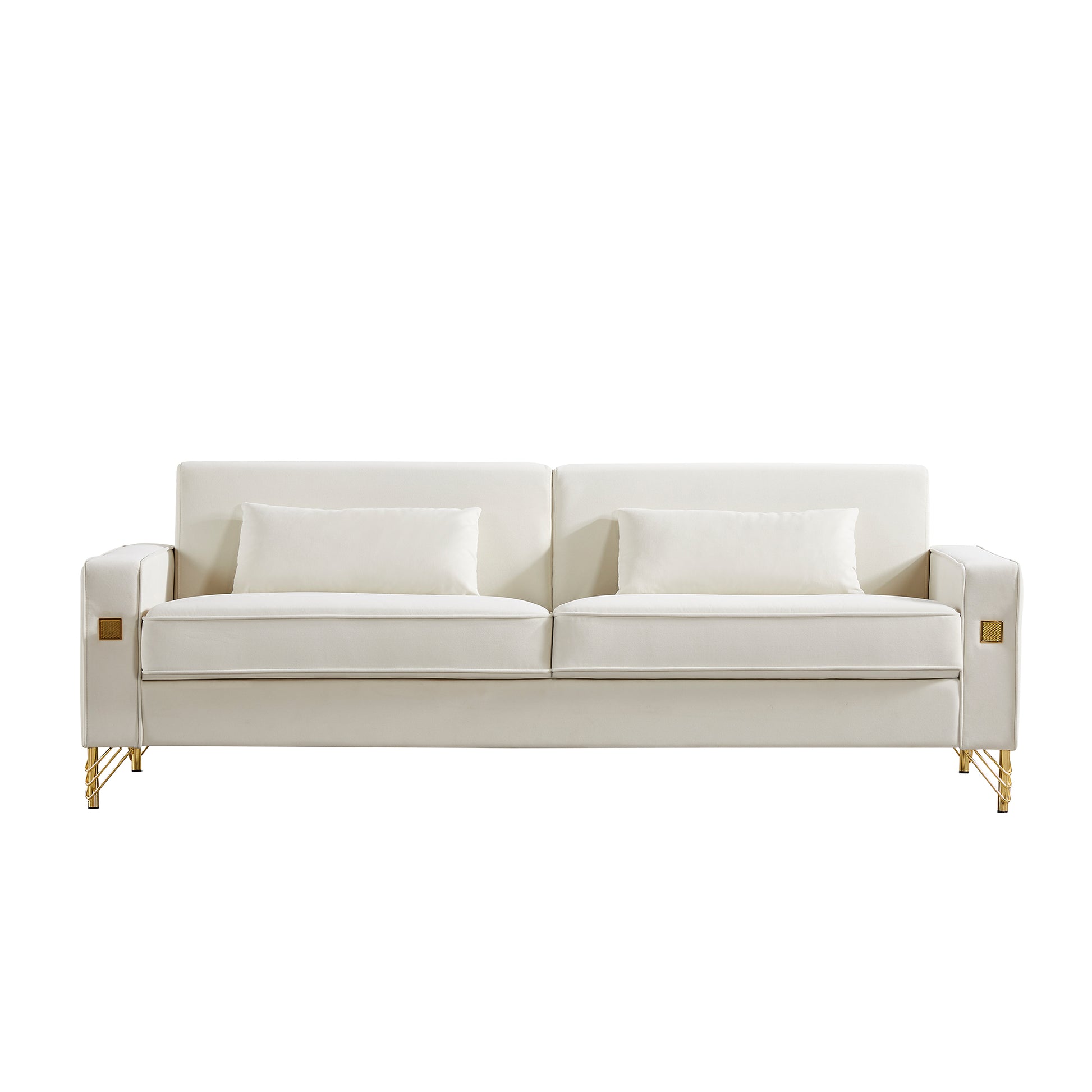 85.44" Modern Velvet Couch With Gold Legs,Upholstered Sofa For Living Room White Cushion Back Modern Eucalyptus Square Arms Velvet