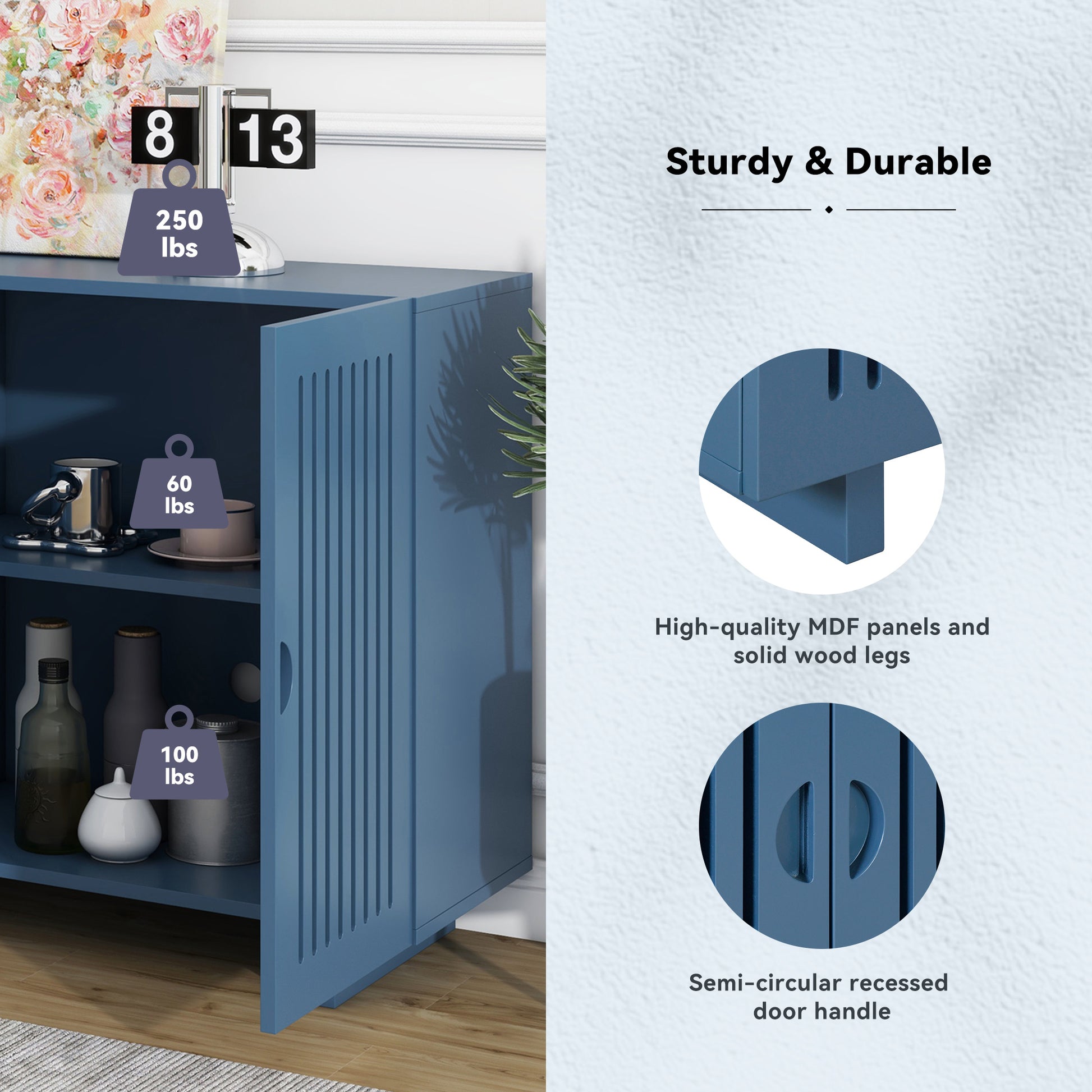 Modern Style Sideboard With Superior Storage Space, Hollow Door Design And 2 Adjustable Shelves For Living Room And Dining Room Navy Blue Navy Blue Dining Room Adjustabel Shelves Mdf